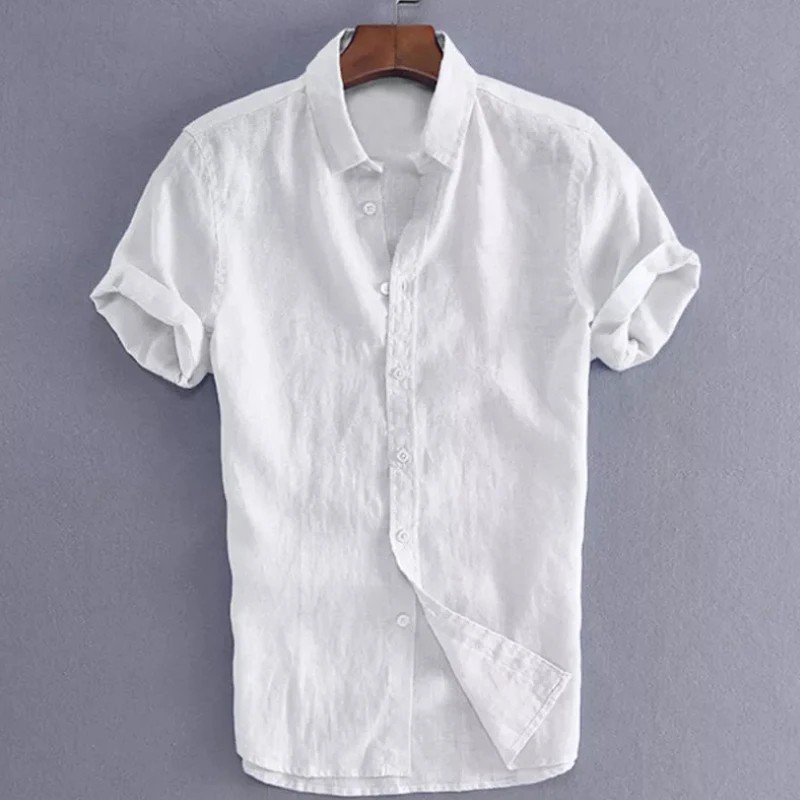 Men’s Summer Cotton Linen Short Sleeve Shirt Casual Solid Button-Down free shipp