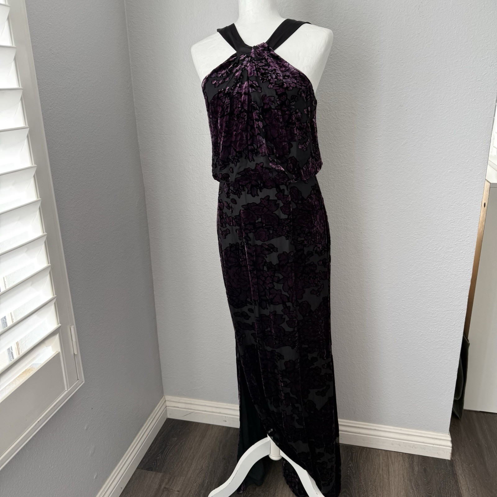 Aidan Mattox Purple Burnout Velvet Maxi Dress Gown Whimsigoth Gothic 4 Vtg