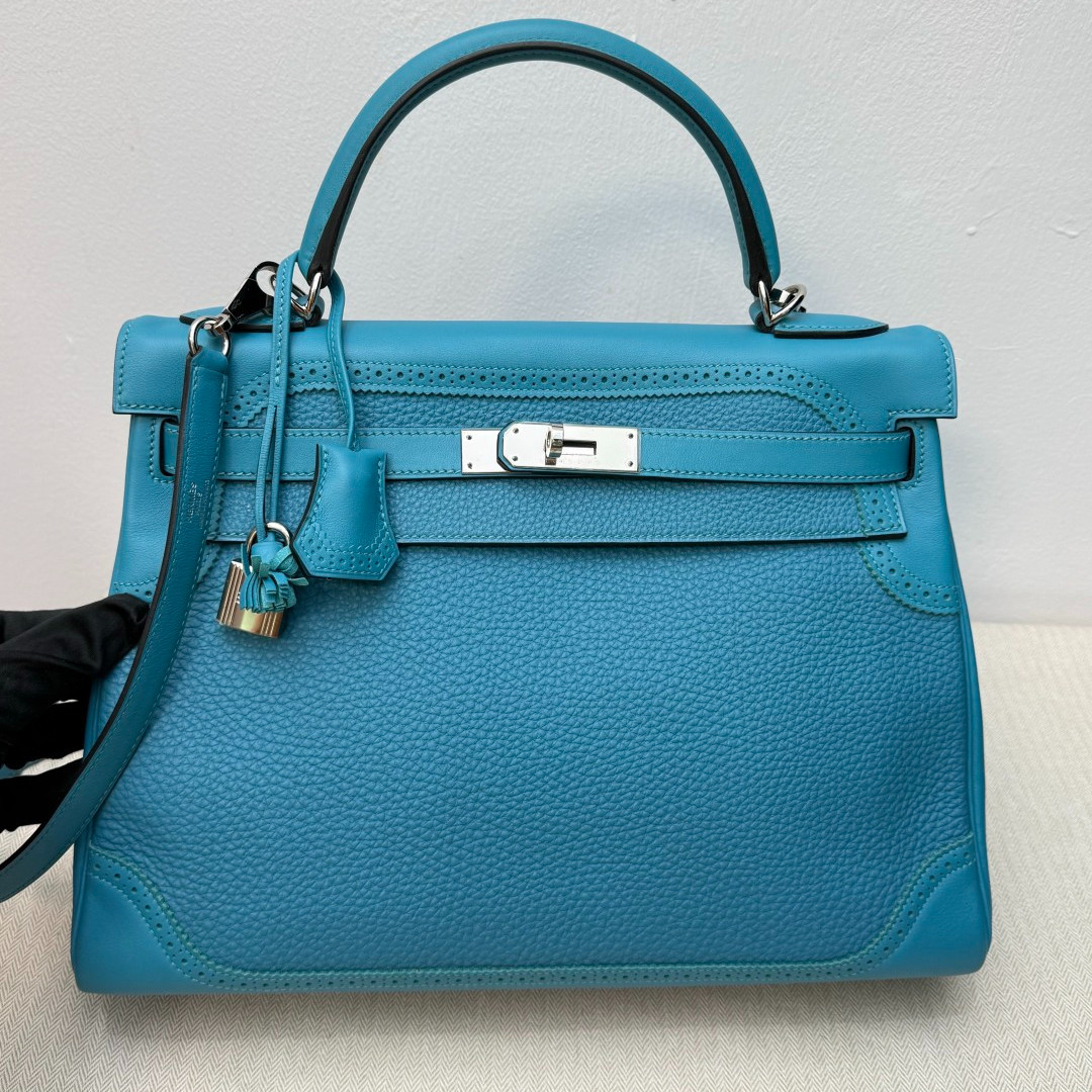 Excellent Hermes Kelly32 Blue Tote Silver Hardware Top Handle Bag Crossbody