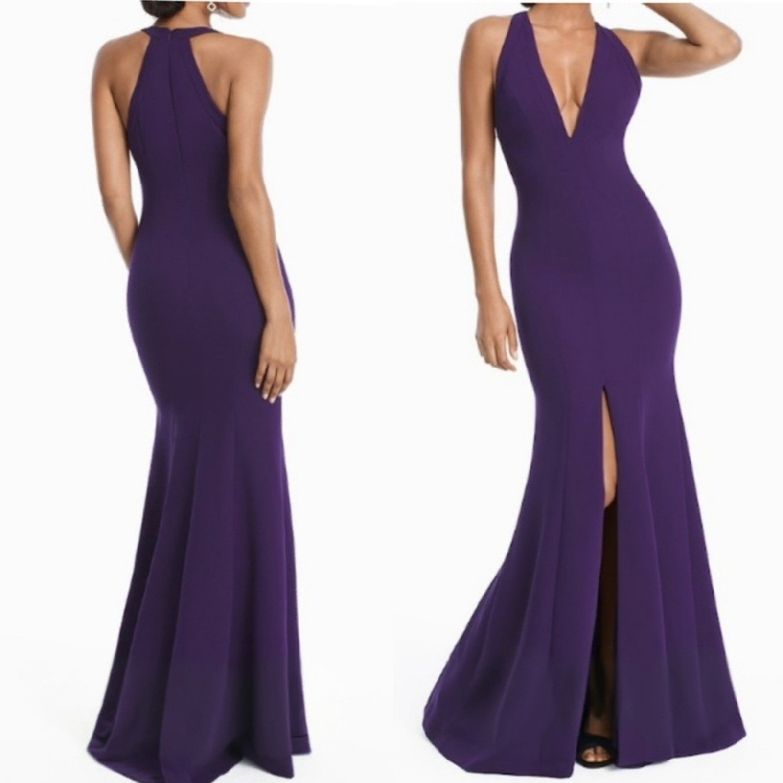 Carmen Marc Valvo Infusion Purple Halter Neck Deep V Neck Trumpet Gown Size 10