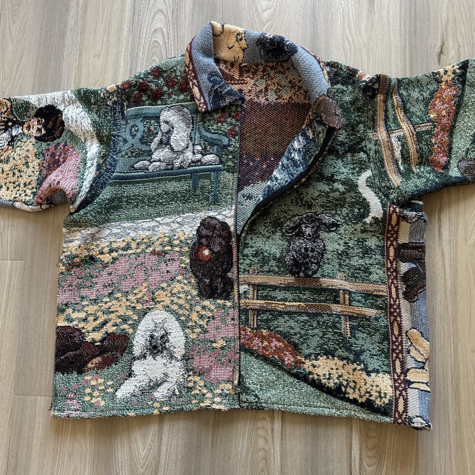 Vintage All Over Print Dog & Garden Stitched Cotton Bomber Jacket Men’s Medium