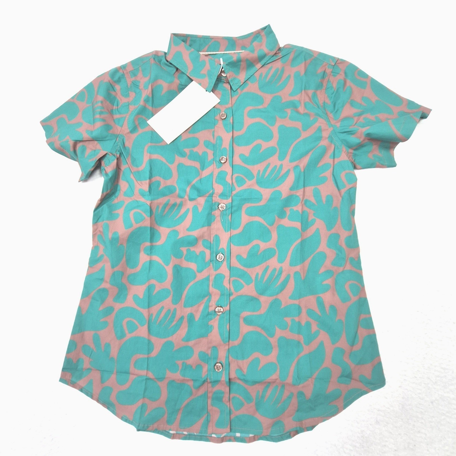 Wildfang Essential Button Up Womens Small Teal Pink Abstract Shirt NEW