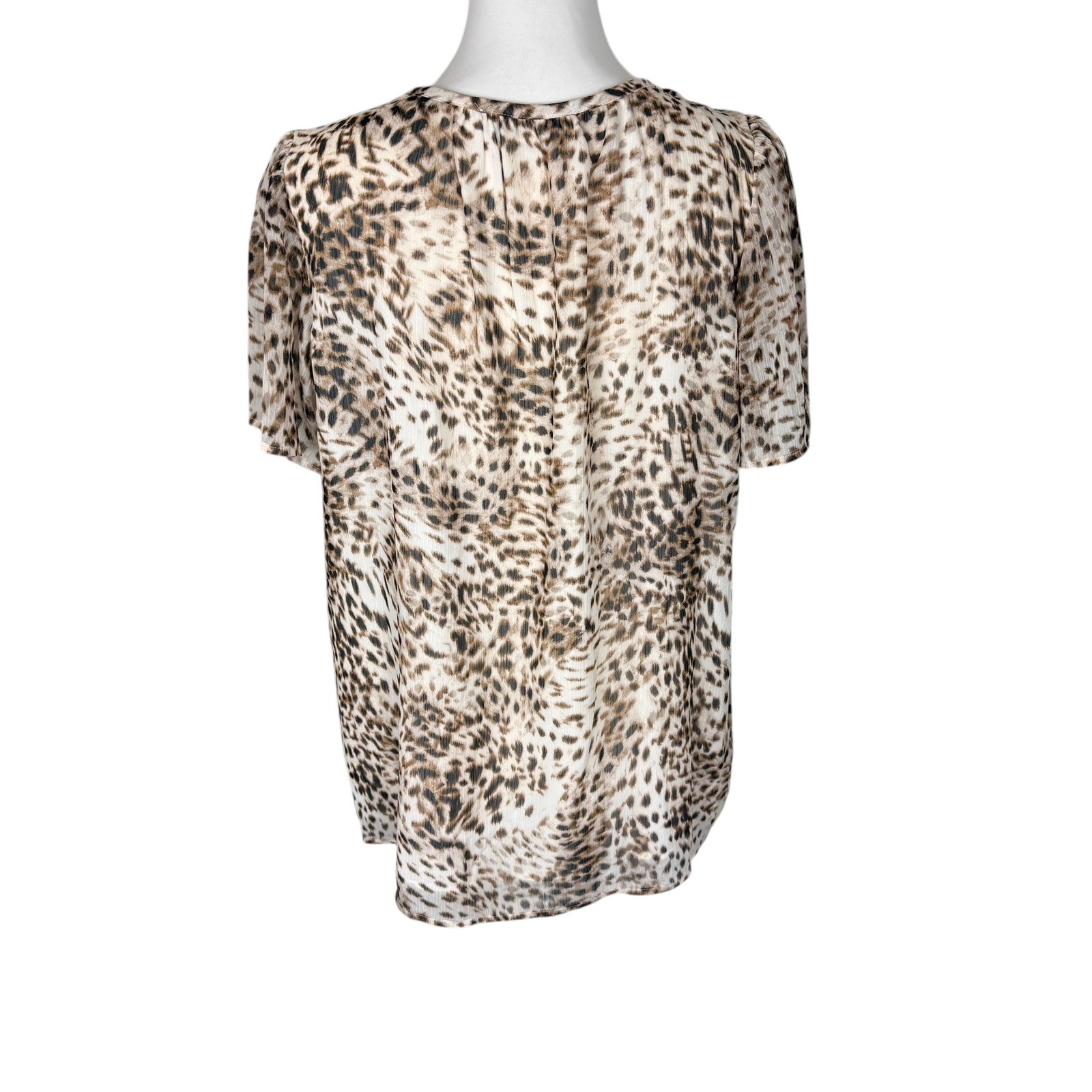 LOFT Leopard Print Ruffle Neck Button Front Chiffon Blouse Brown Large NWT