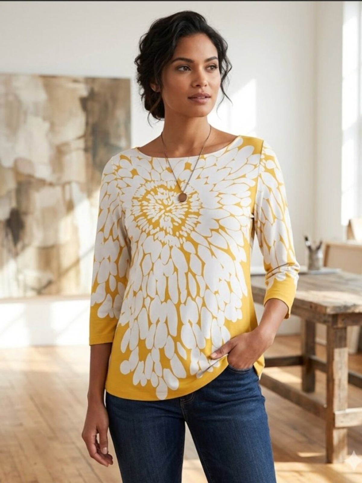 Susan Graver Yellow White Floral Liquid Knit Top Spring Summer 3/4 Sleeve