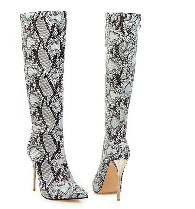 Plus Size Womens Pointy Toe Snake Pattern Stiletto Heels Knee High Boots Fashion