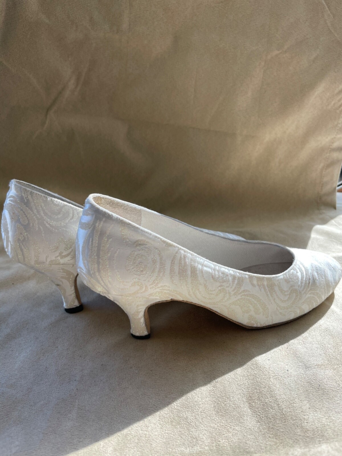 White Silk Damask Bridal or Ballroom or Theatre Dance Shoes by “Celebrity”