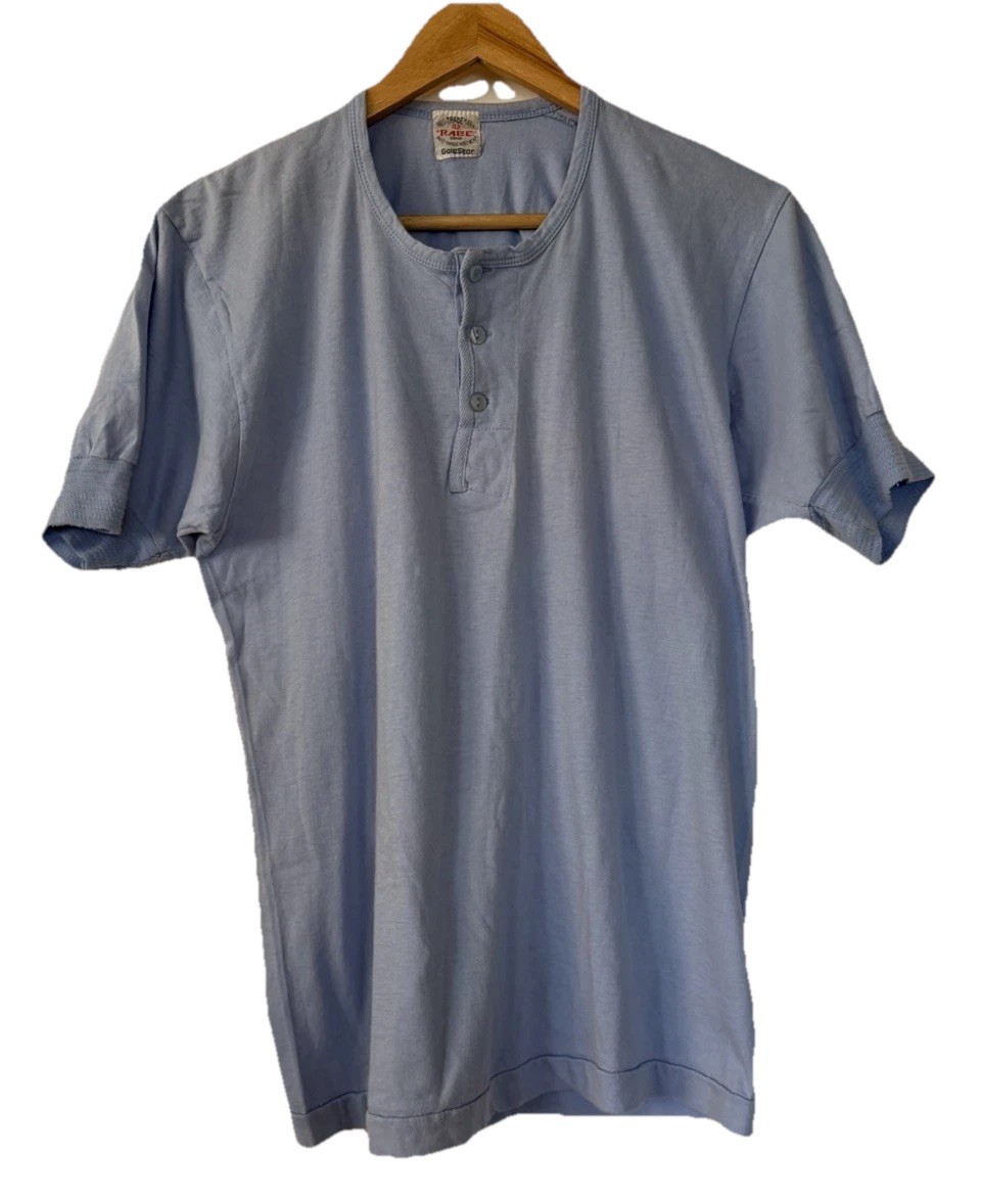 VTG 60s Race Brand Goldstar Light Blue Henley T-Shirt Mens 42 (M) Single Stitch