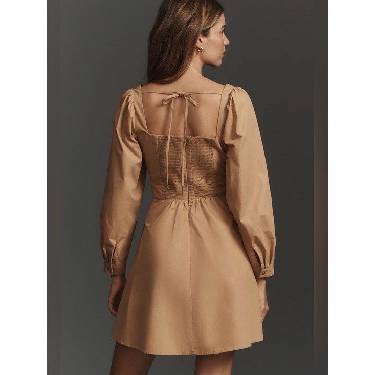 🌟 By Anthropologie Square-Neck Poplin Mini Dress Beige Long Sleeve Size Medium