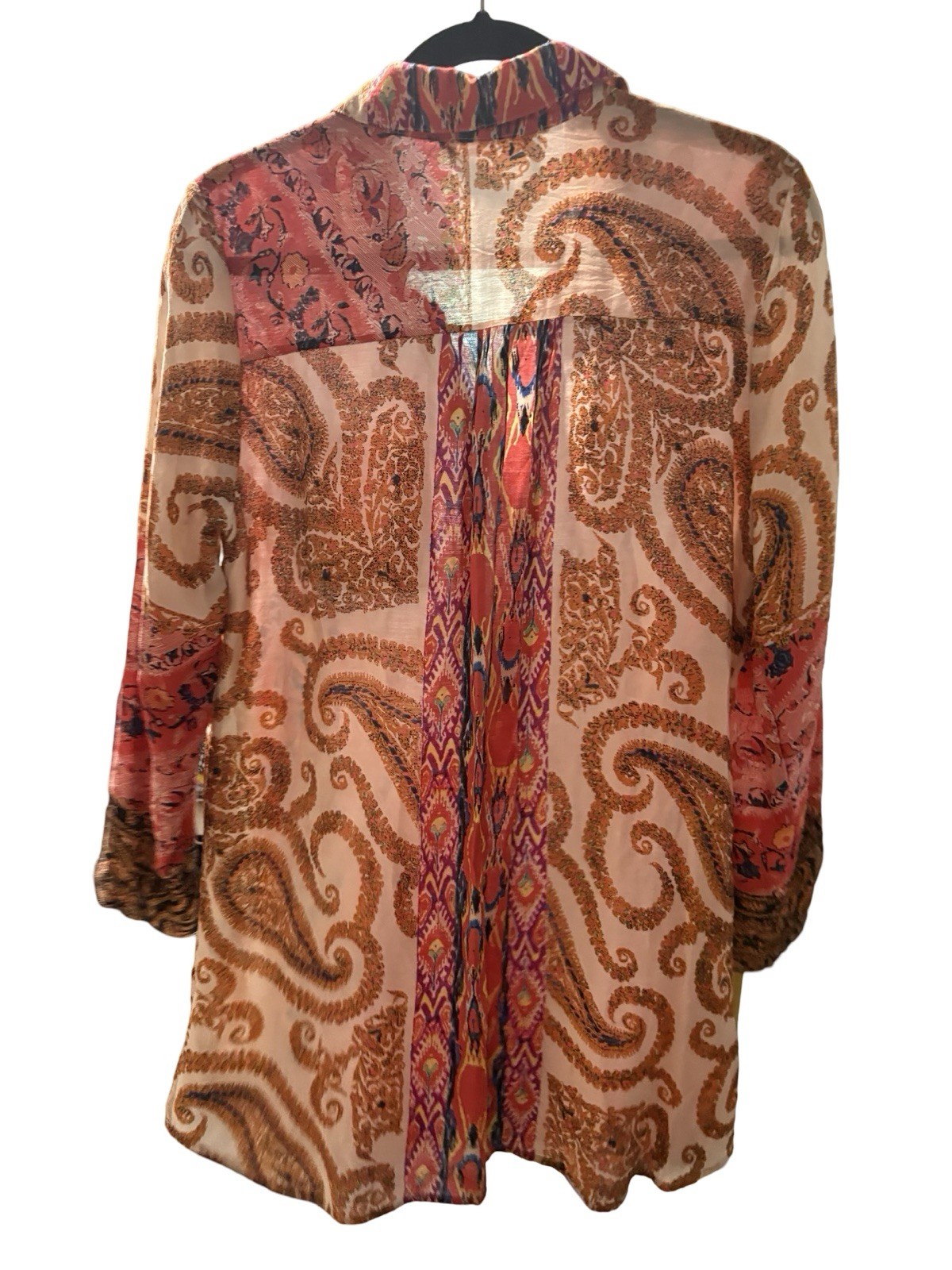 Soft Surroundings IKAT Paisley Patchwork Button Up Long Sleeve Tunic Style