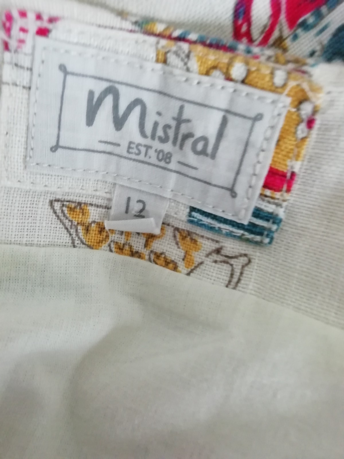 Mistral Size 12 Skirt Tea Cup Mug Saucer Print Beige Multi 100% Linen Mustard