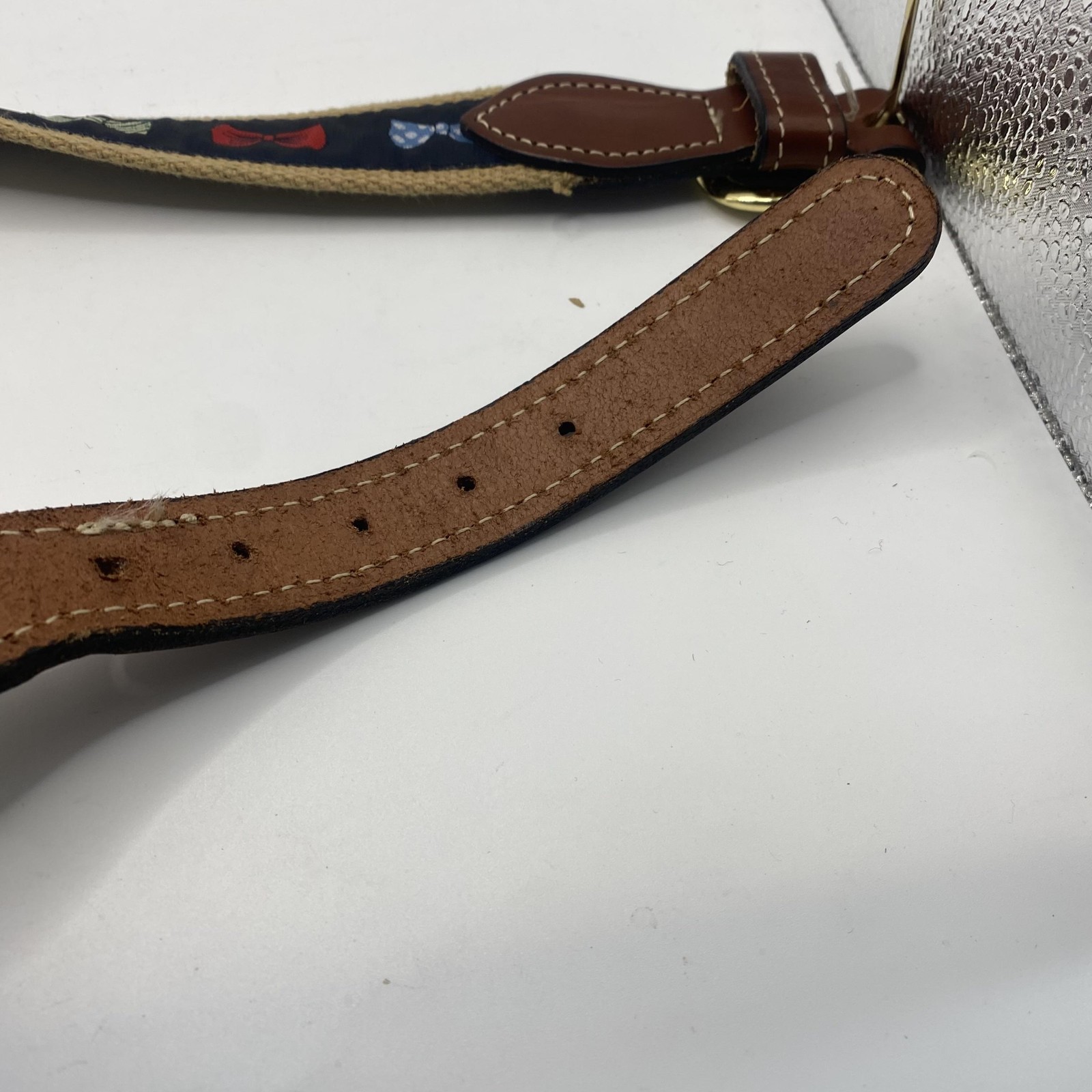 Bow Tie Ribbon Web Belt Mens 32 Navy Canvas Leather Brass Buckle Preppy