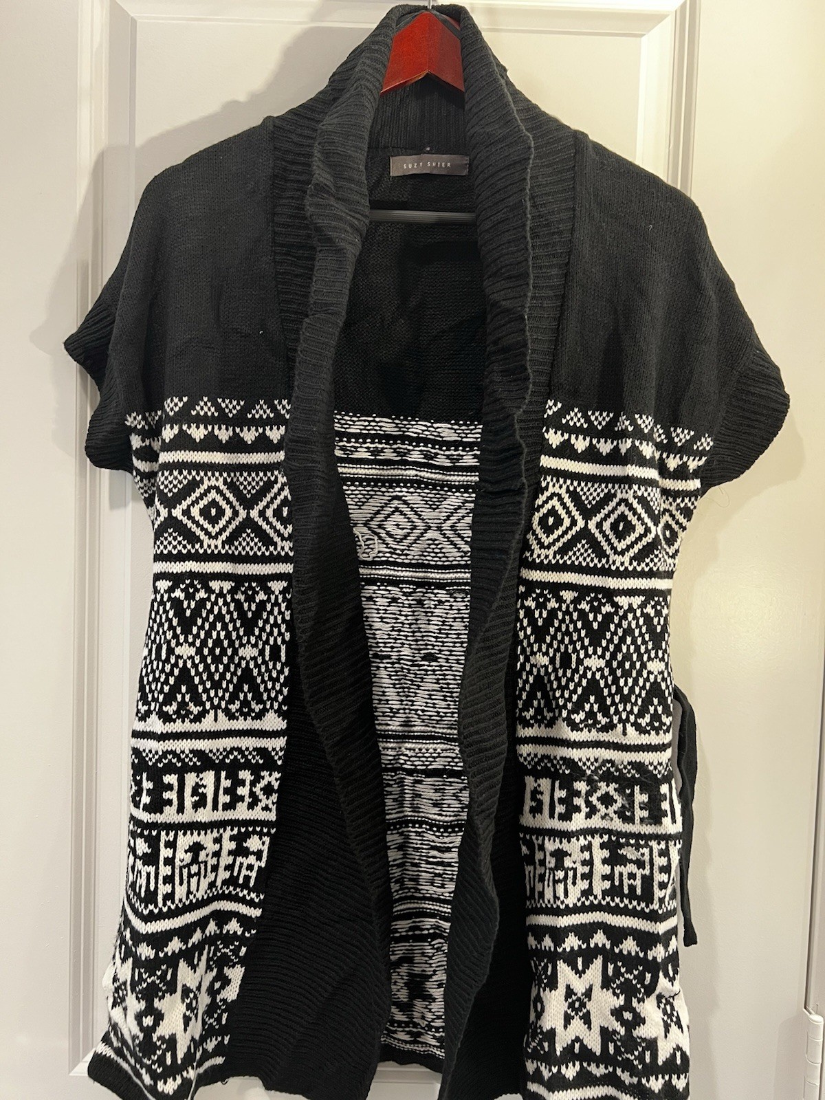 Black White Aztec Geometric Cardigan Open Front Short Sleeve Boho Knit Sweater