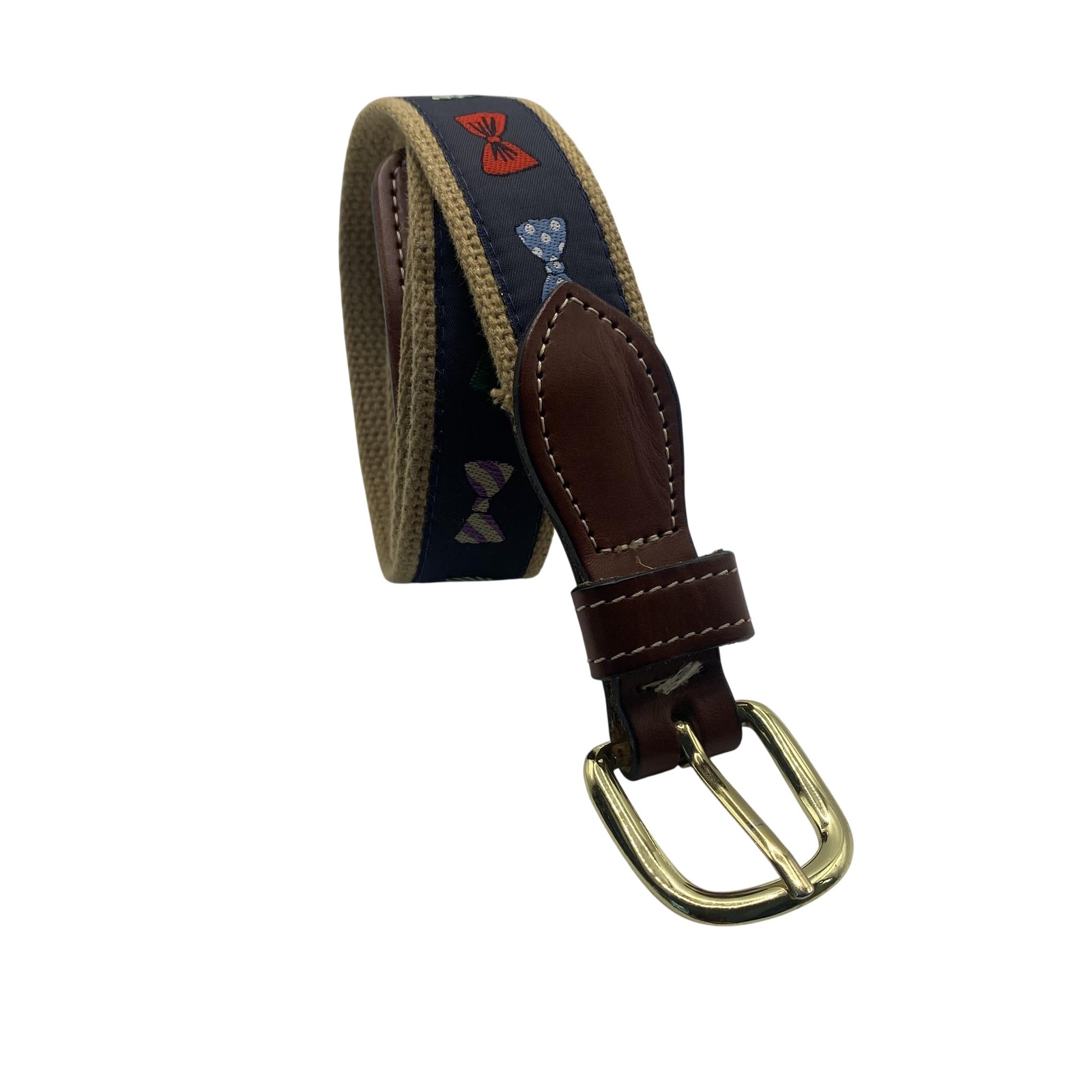 Bow Tie Ribbon Web Belt Mens 32 Navy Canvas Leather Brass Buckle Preppy