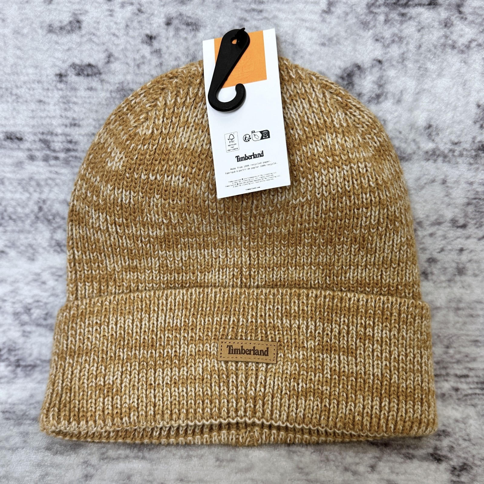 NWT Timberland Leather Patch Cuffed Beanie Hat One Size Tan Wheat Marled Knit