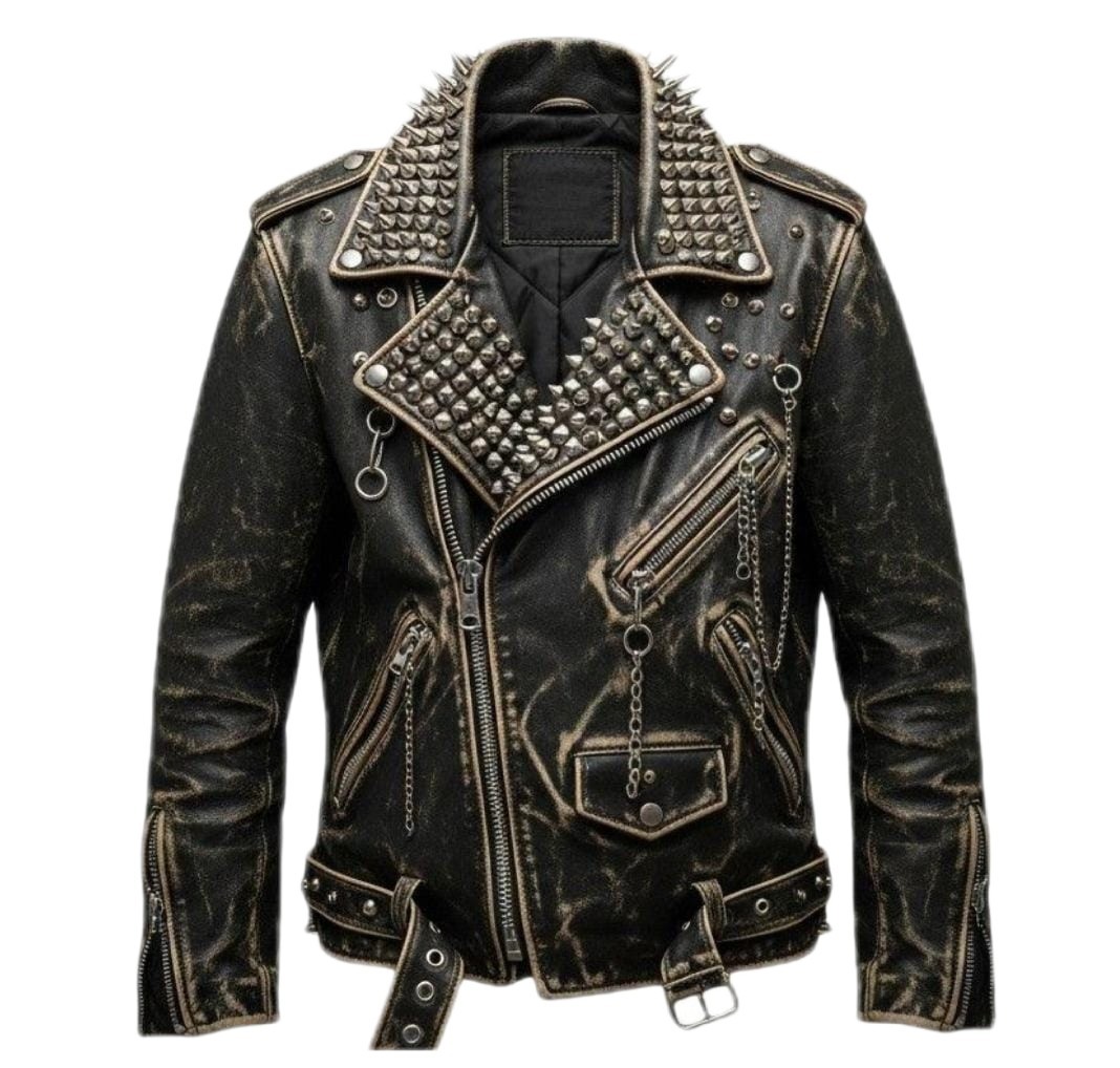 Studded Black Leather Biker Jacket Punk Rock Motorcycle Vintage Style Coat