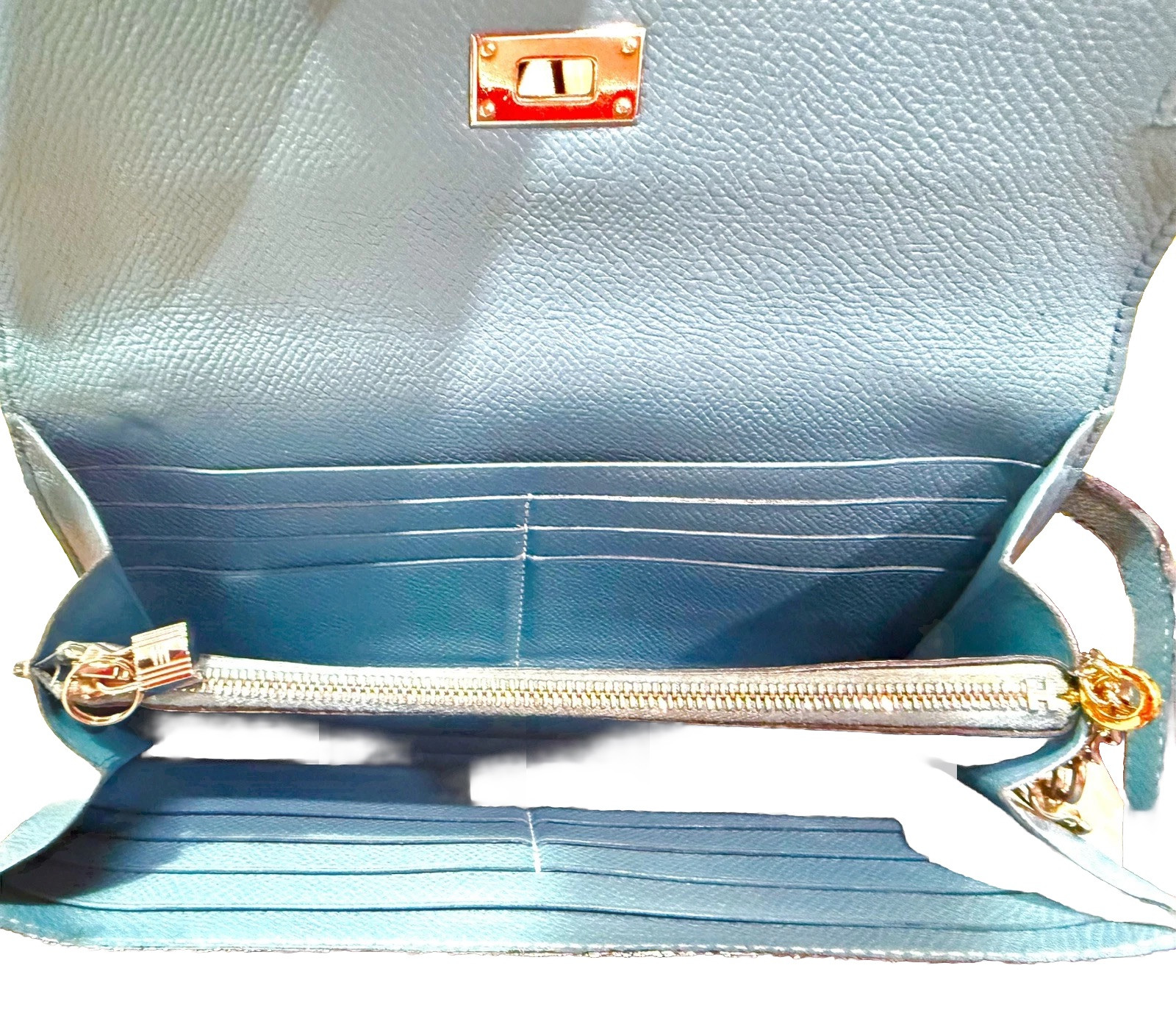 Authentic HERMES Kelly Long Wallet Clutch Blue Silver Made in France