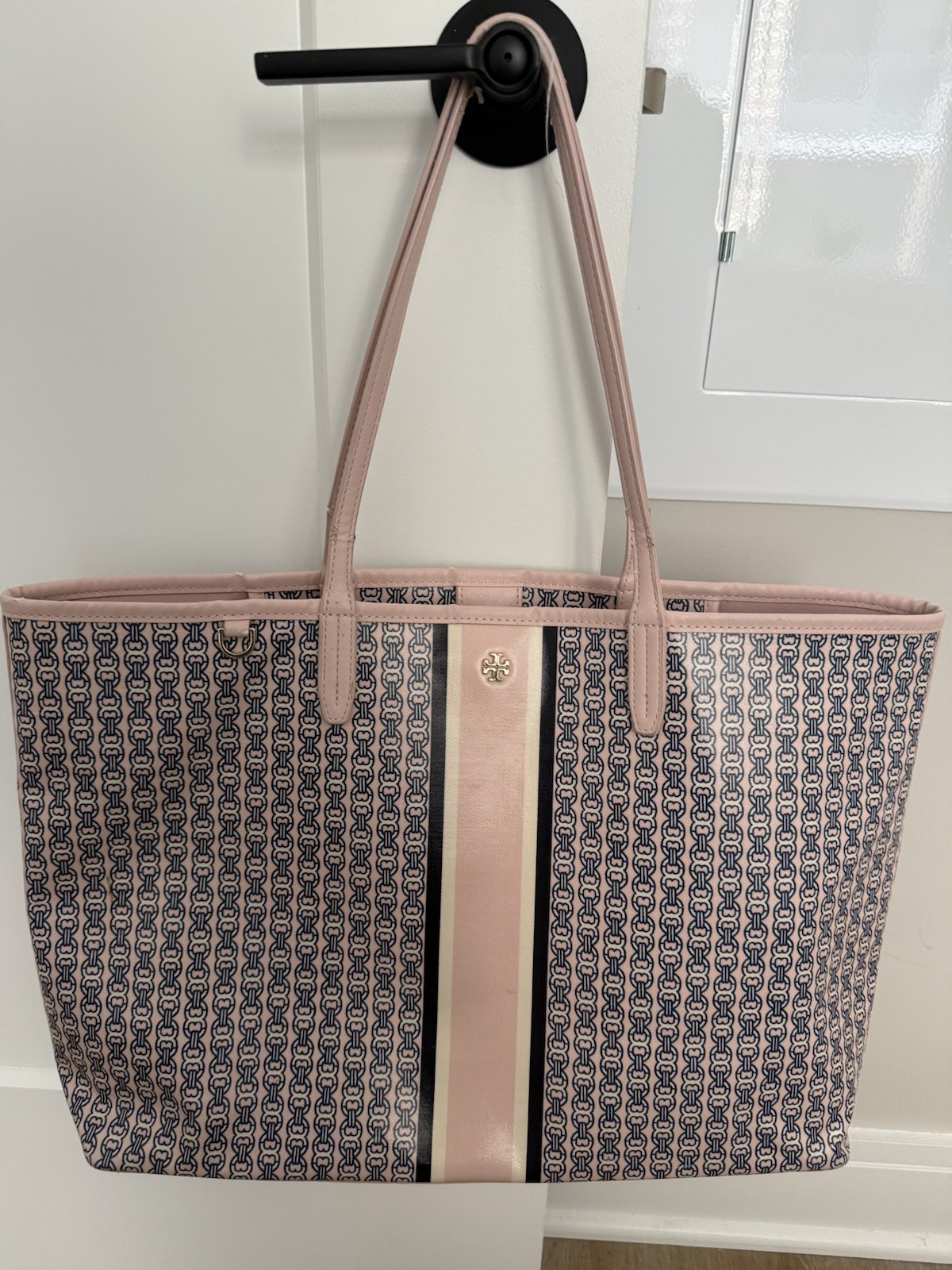 Tory Burch Gemini Link Canvas Tote Blush Pink Navy Gold Hardware Shoulder Bag
