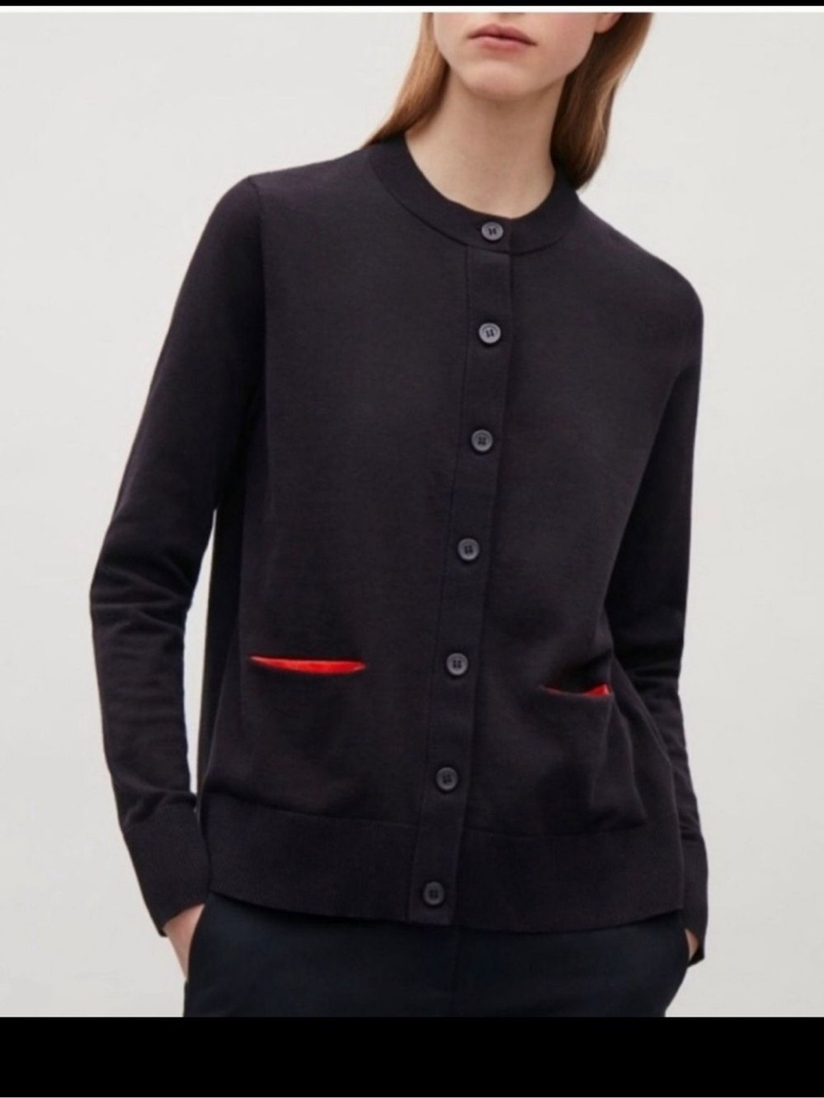 COS Women’s Navy Cardigan with Red Pocket Accents 100% Cotton Minimalist Small