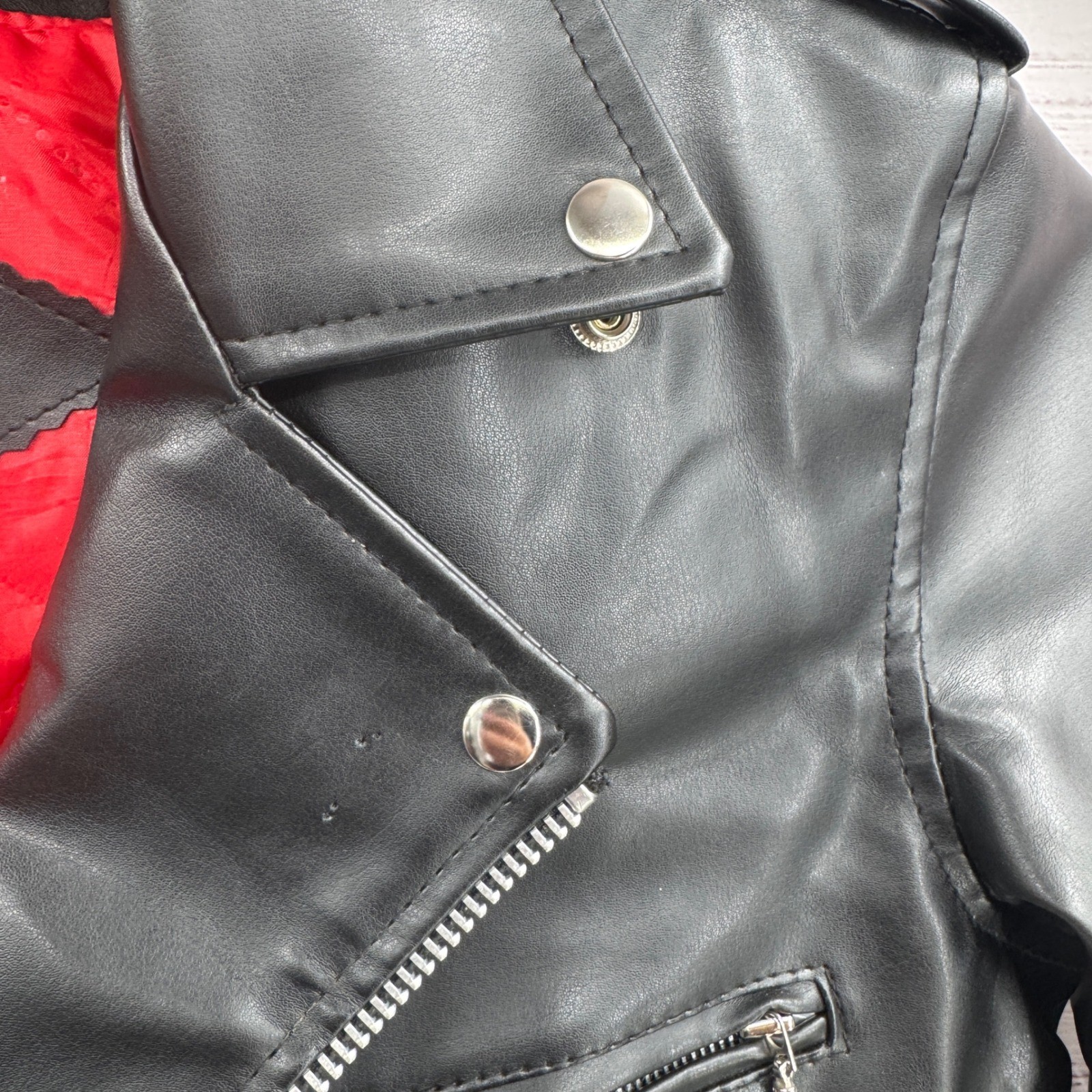 Straight to Hell Moto Jacket Large Black Faux Leather Red Quilted Lined Belted