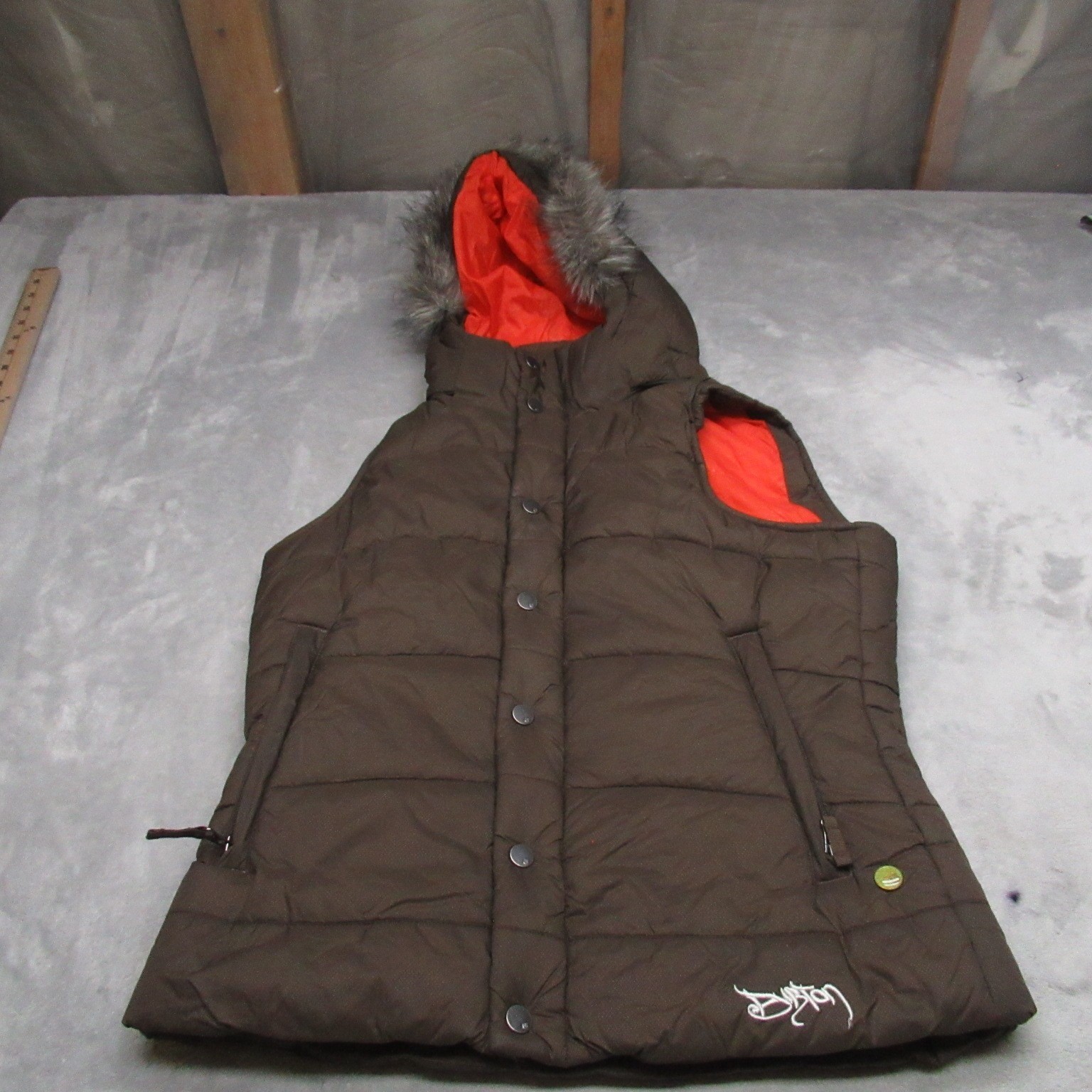 Burton Vest Women Small Brown Dryride Rancher Faux Fur Trim Insulated Puffer