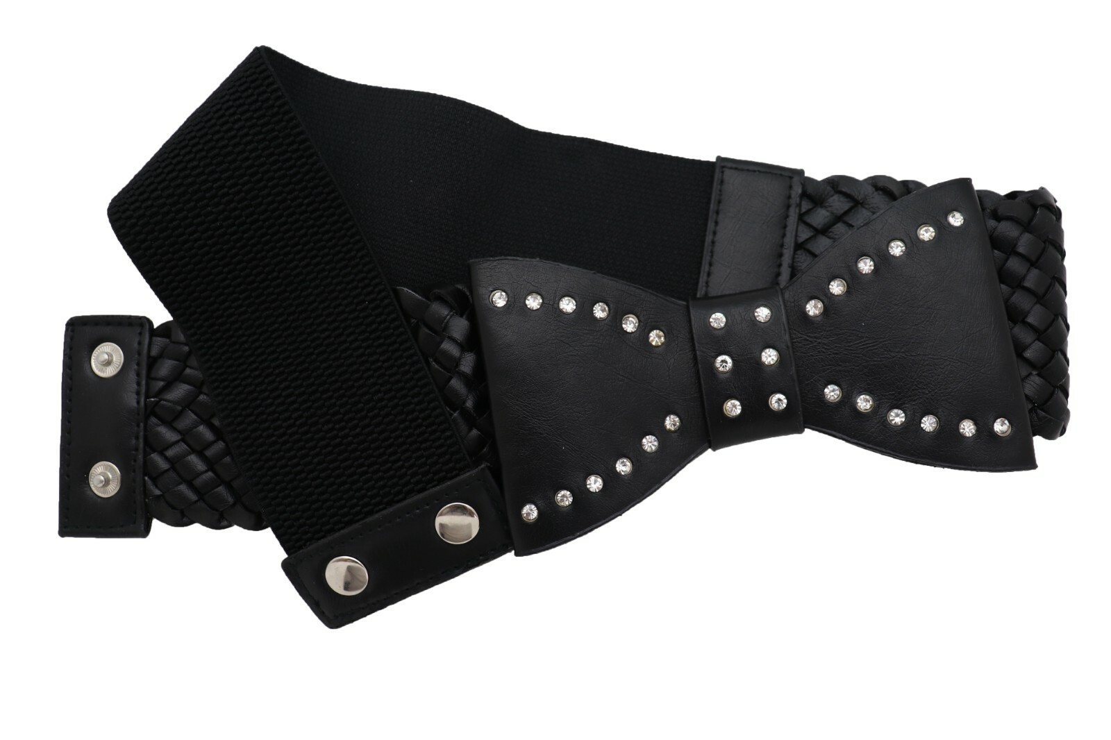 Women Bow Tie Ribbon Buckle Braided Waistband Black Elastic Strap Fashion Belt S