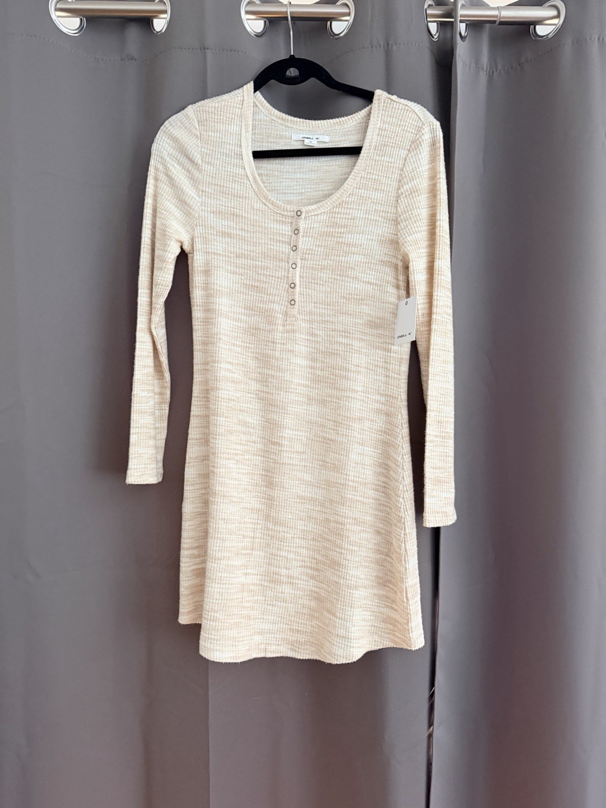 O’Neill Beige Ribbed Knit Cotton Scoop Neck Button Bodycon Mini Dress M