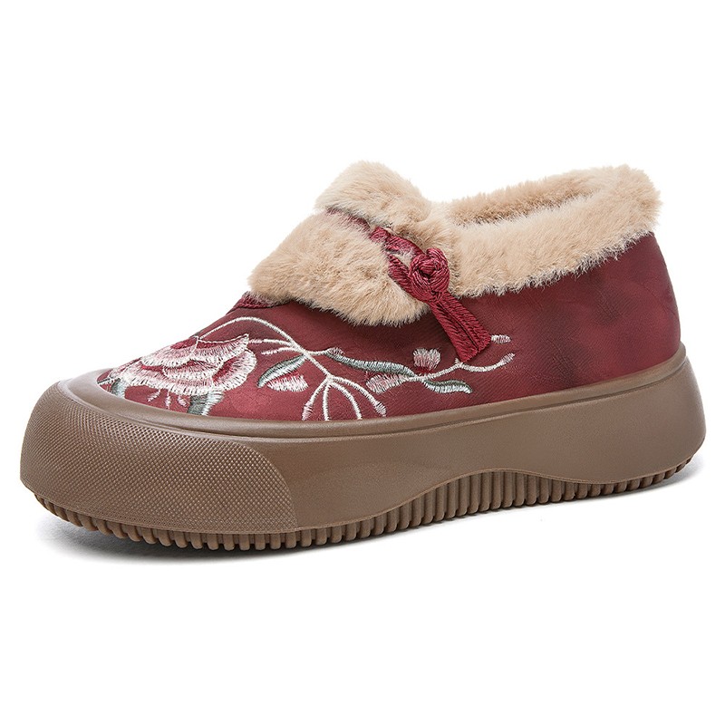Winter Ethnic Embroidery Cotton Shoes Plush-Lined Slip-On Middle-Age Ankle Boots