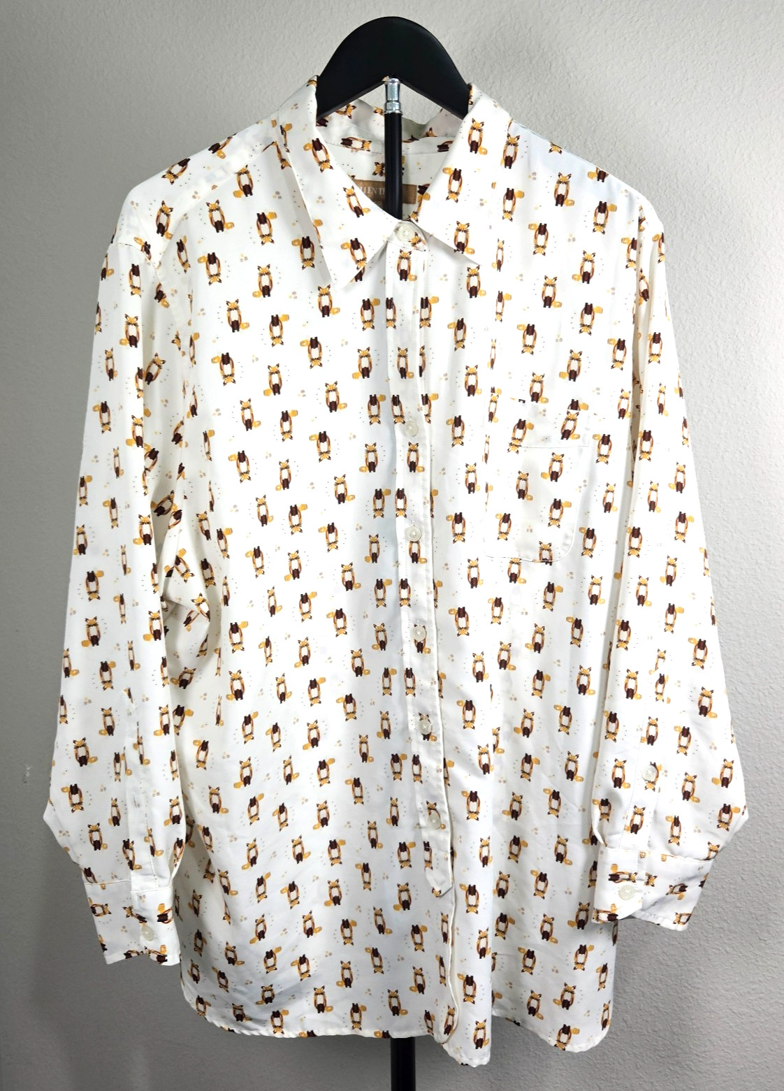 Ellen Tracy XL Fox Print Button Front Blouse Womens White Novelty Animal Top