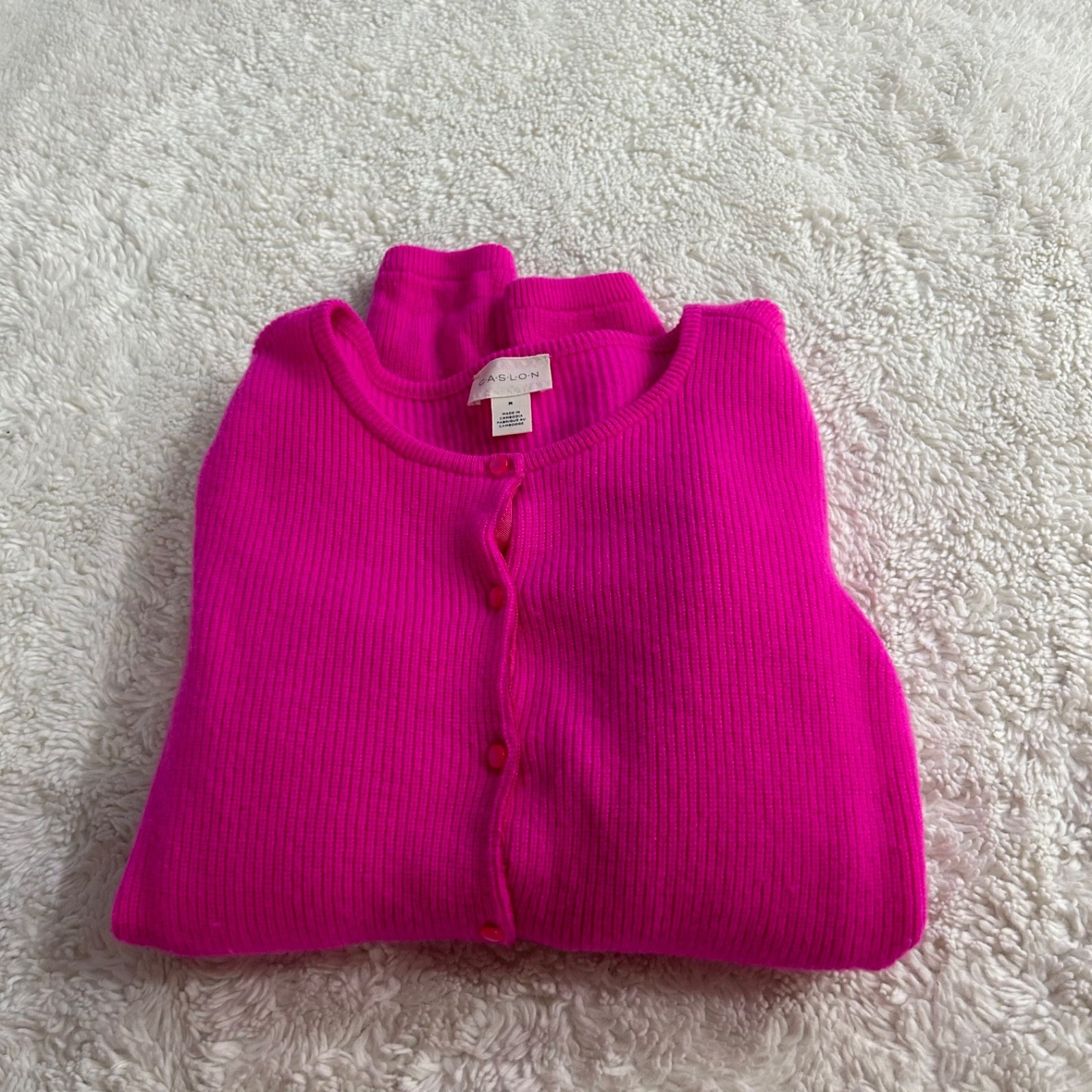 Caslon Wool Cashmere Ribbed Cardigan M Pink Preppy Quiet Lux Cozy Country Club