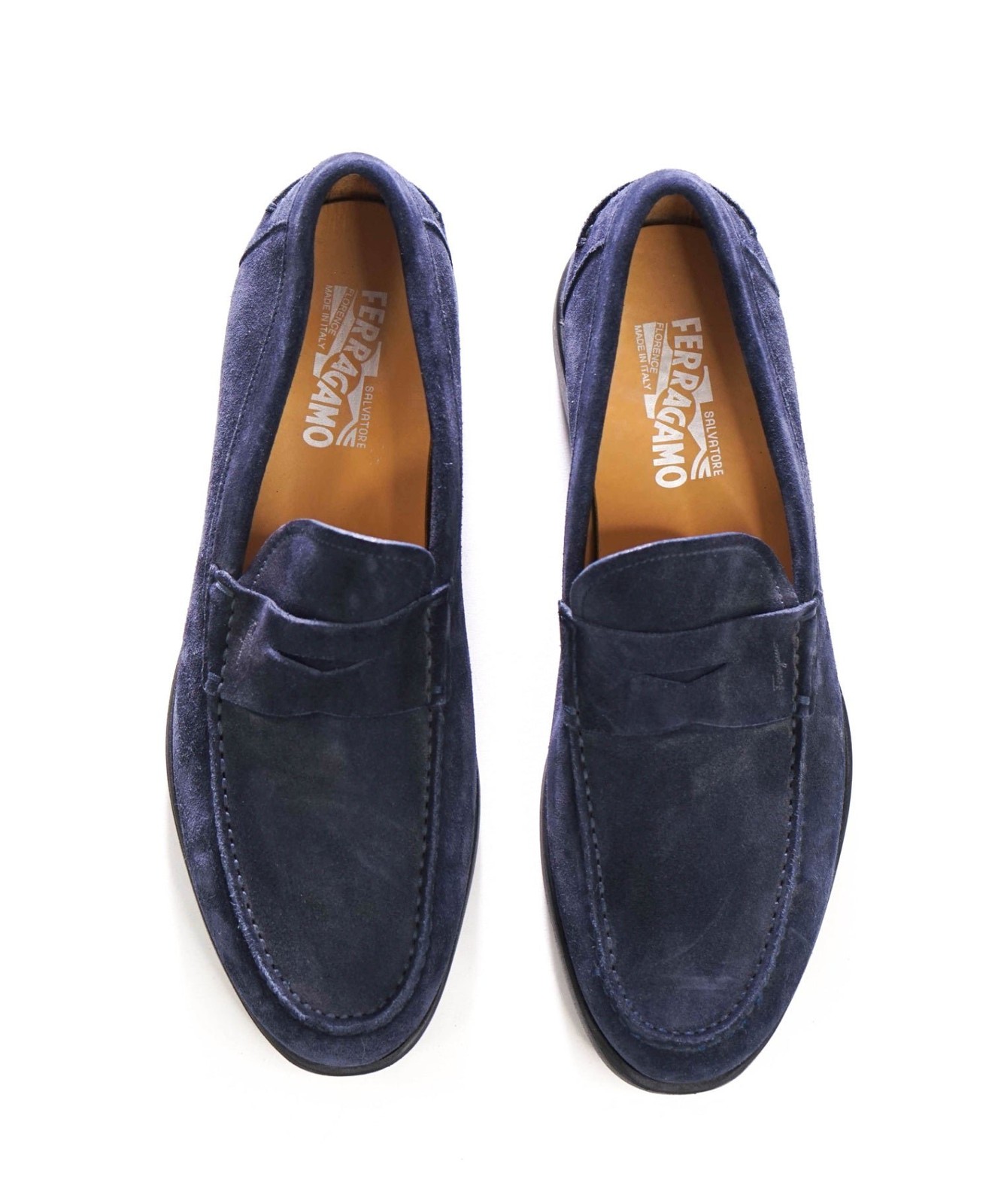 $850 FERRAGAMO – Navy Blue Suede Penny Loafers – 9 D