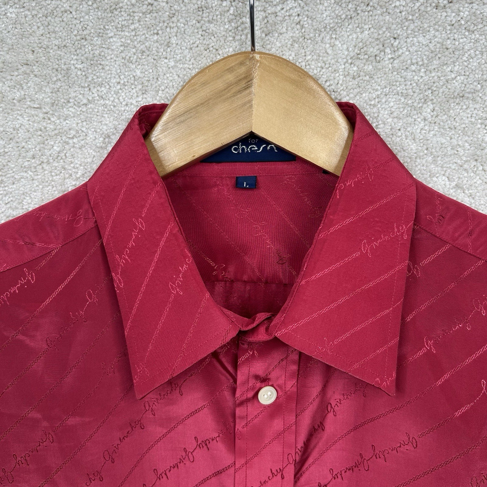 Vintage 70’s GIVENCHY for Chesa Men’s Red Logo Script Satin Disco Button Shirt L