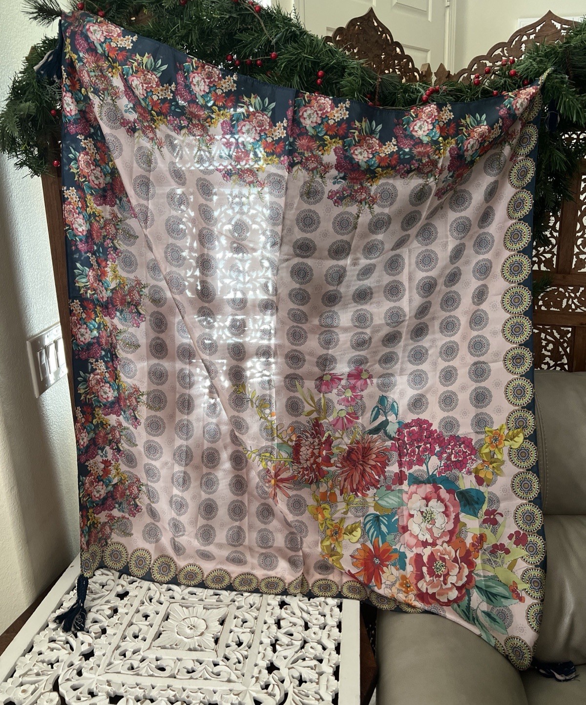 Johnny Was Silk Scarf Tassels Floral Print Square Designer 42×42 Floral Designer