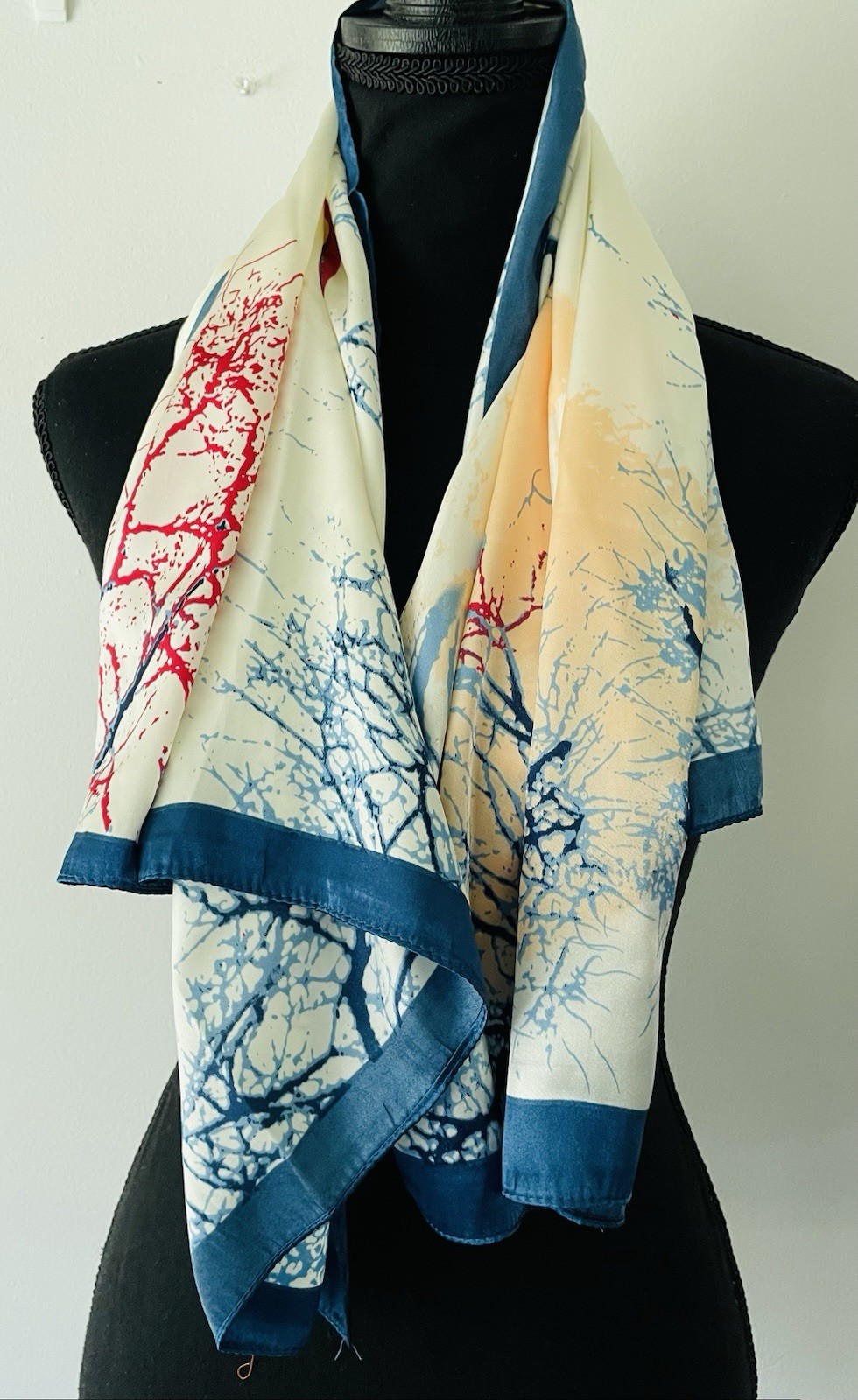 Womens Scarf 35 in Tree Pattern Beige Blue Abstract