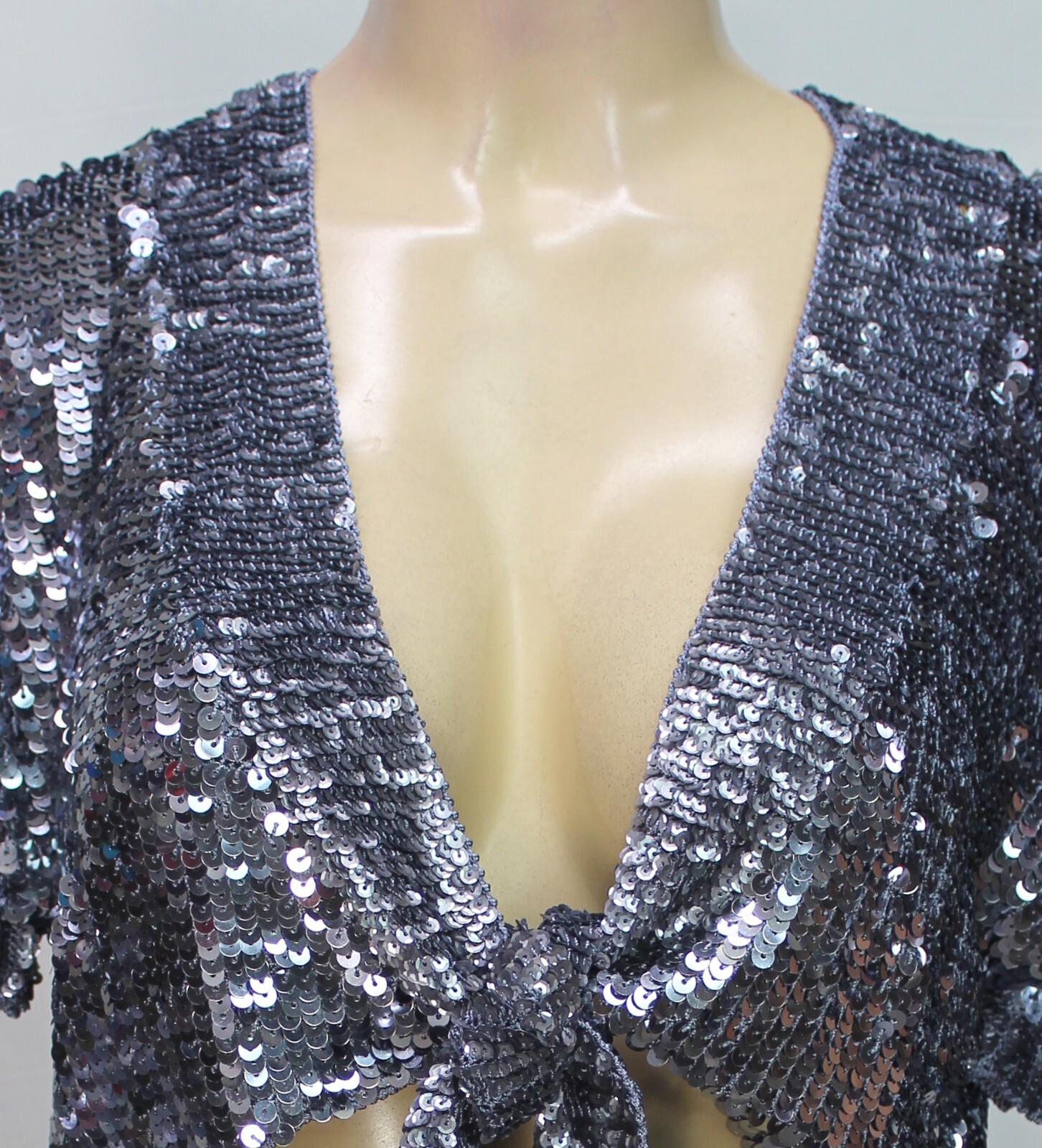 Kroshetta by Papillon Women’s Tie Up Shrug Short Sleeve Sequin Pewter Size L