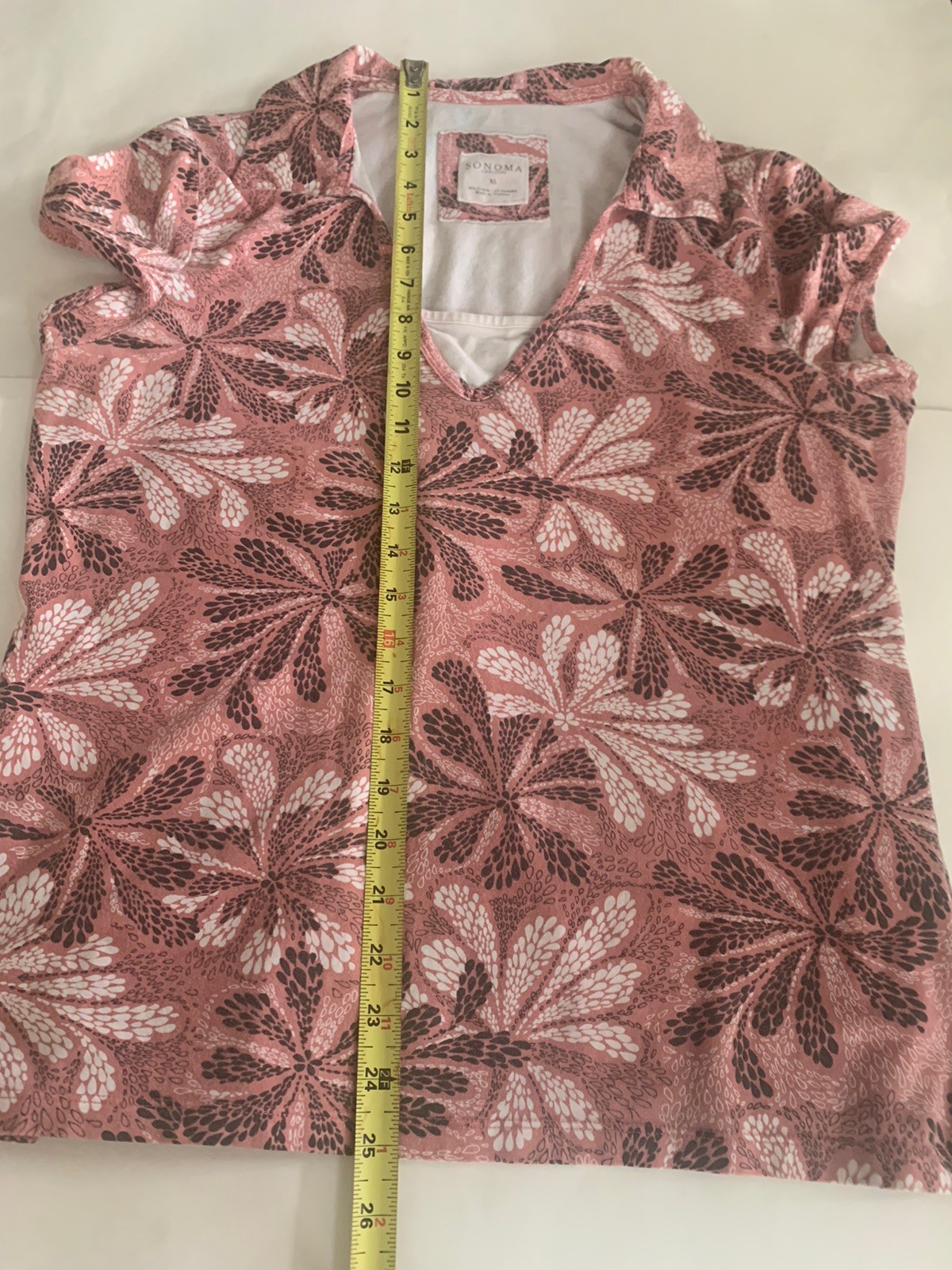 Sonoma Womens XL Pink Floral Top Short Sleeve Johnny Collar V-Neck Blouse Casual