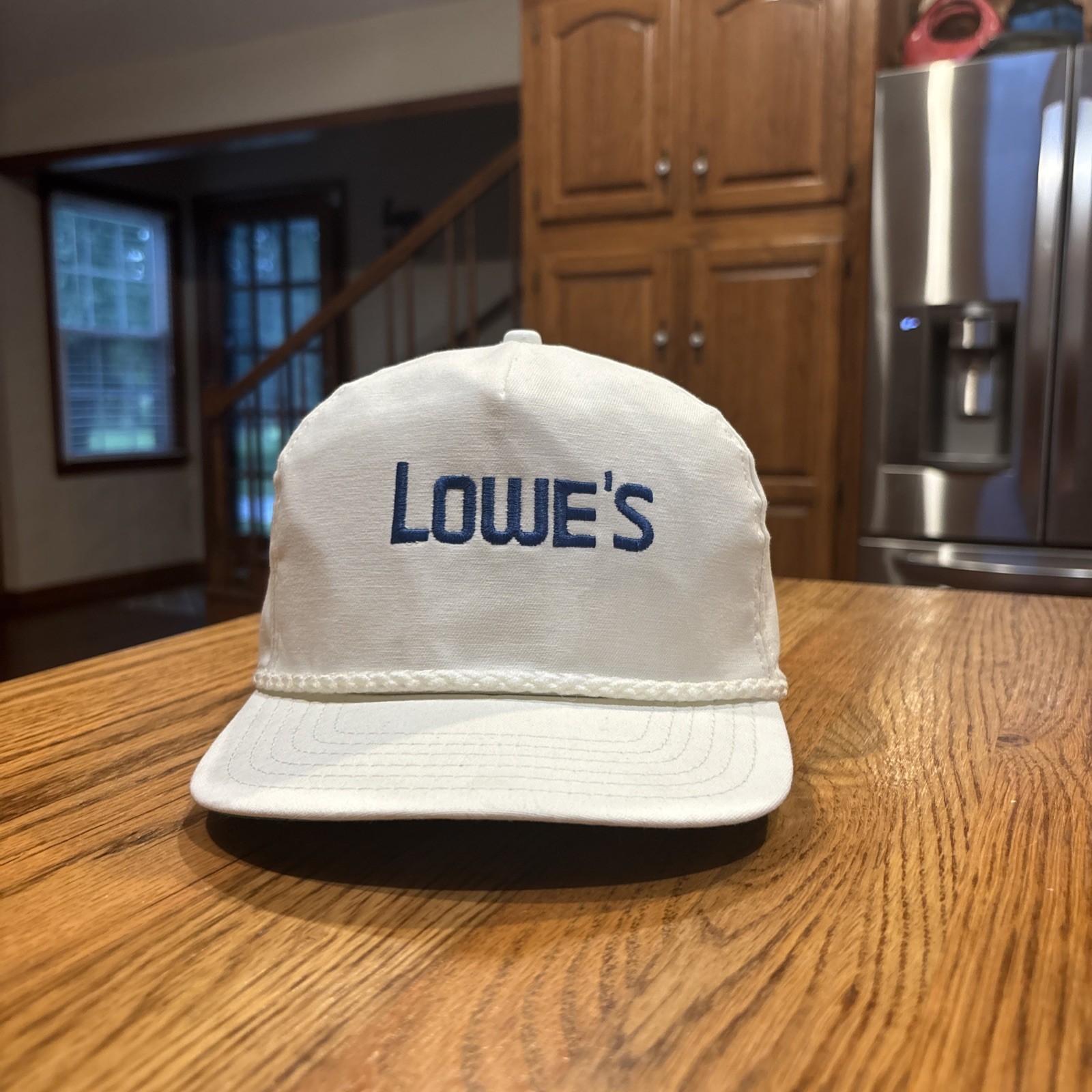 Vintage Lowe’s Rope Trucker Hat Snapback White Blue Advertising Cap USA Made