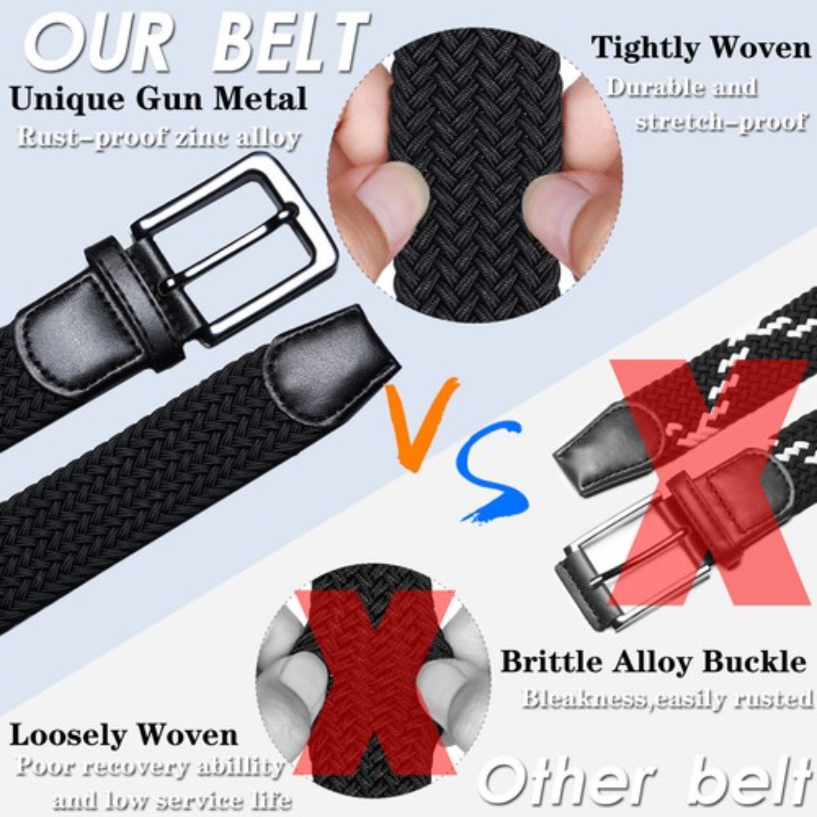 Elastic Men’s Stretch Belts 2 Pack, Woven Braided Belt for Golf Casual