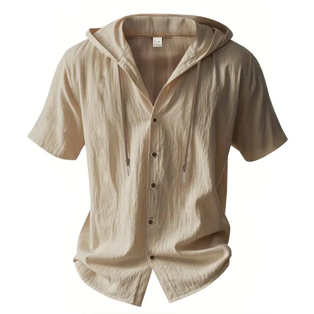 Men Cotton Linen Hooded Shirt Short Sleeve Breathable Casual Hoodie Summer Gift