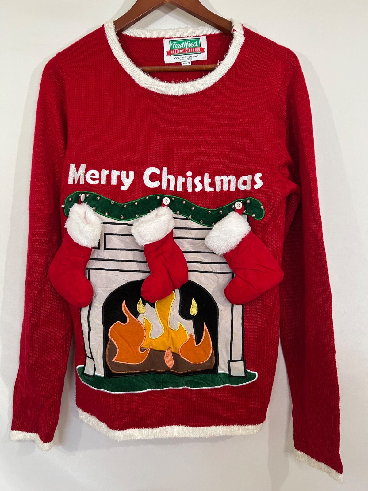 Festified Holiday Clothing Christmas Sweater Mens S Red Chimney & Stockings Men