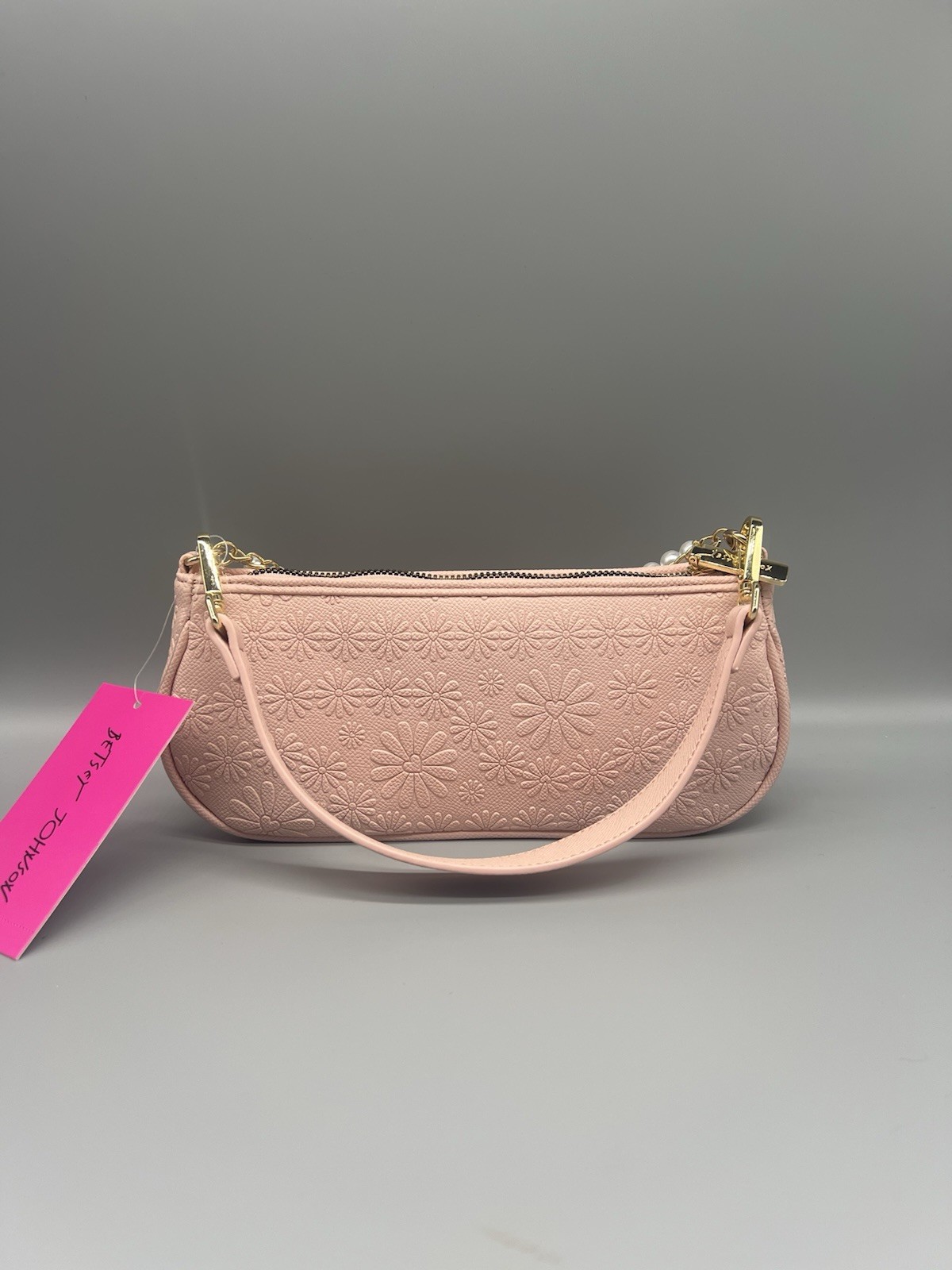 Betsey Johnson Pink Embossed Shoulder Bag Zip Pearl Chain Detach Strap NEW