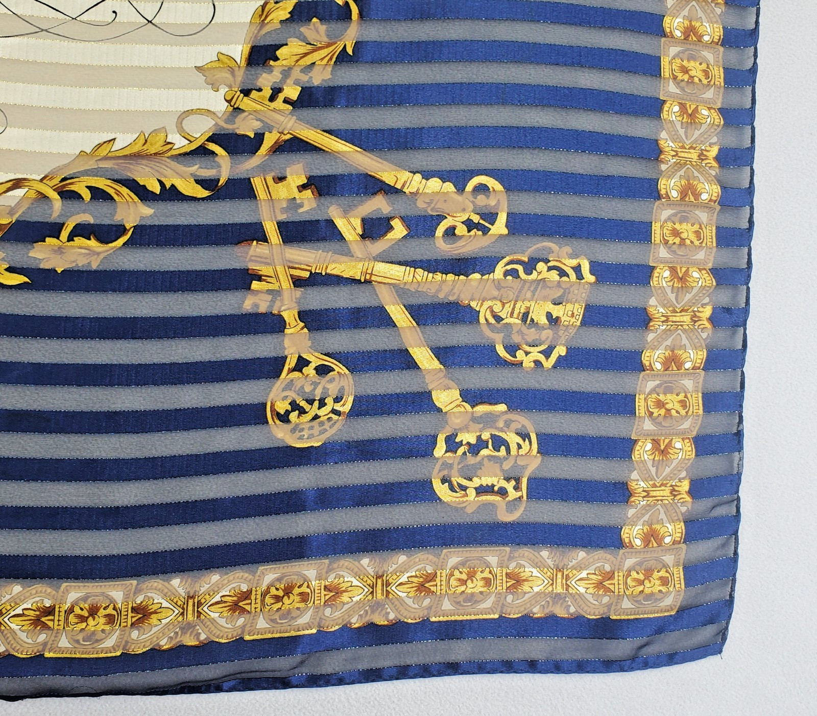 VTG Manuscript Scarf 35in Square Blue Shadow Stripe Faux Latin Gold Metallic Key