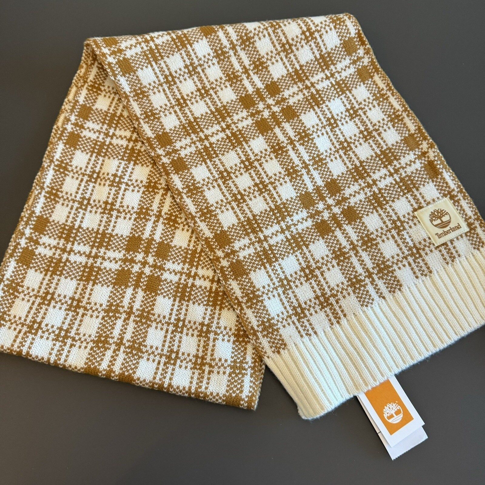 Timberland Scarf Unisex OS Wheat Brown Plaid Knit Logo NEW