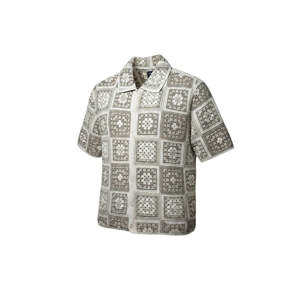 Abercrombie & Fitch Mens Crochet Granny Square Shirt Tan Beige Short Sleeve S