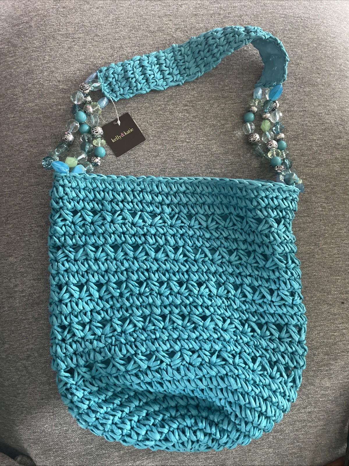 Kelly & Katie Beaded Woven Straw Handbag Shoulder Purse Turquoise Blue NWT