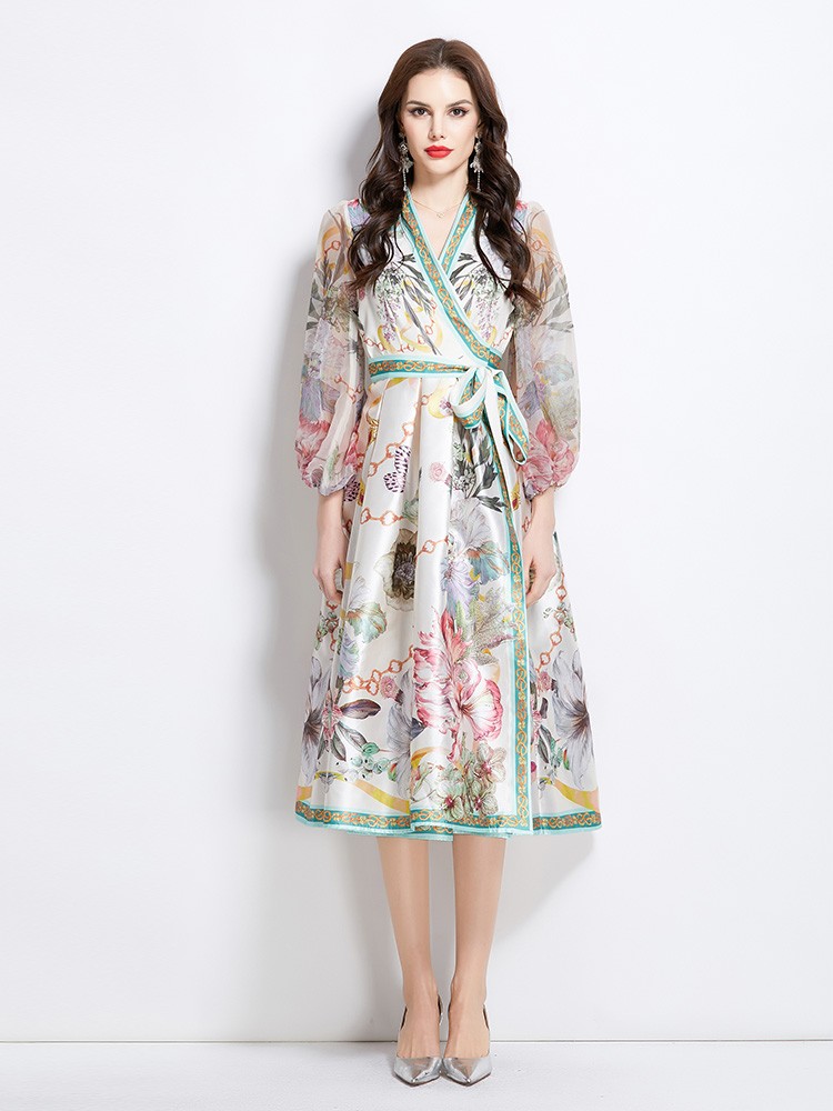 Vintage Floral Paisley Print V Neck Bow Long Sleeve Women Casual Wrap Robe Dress