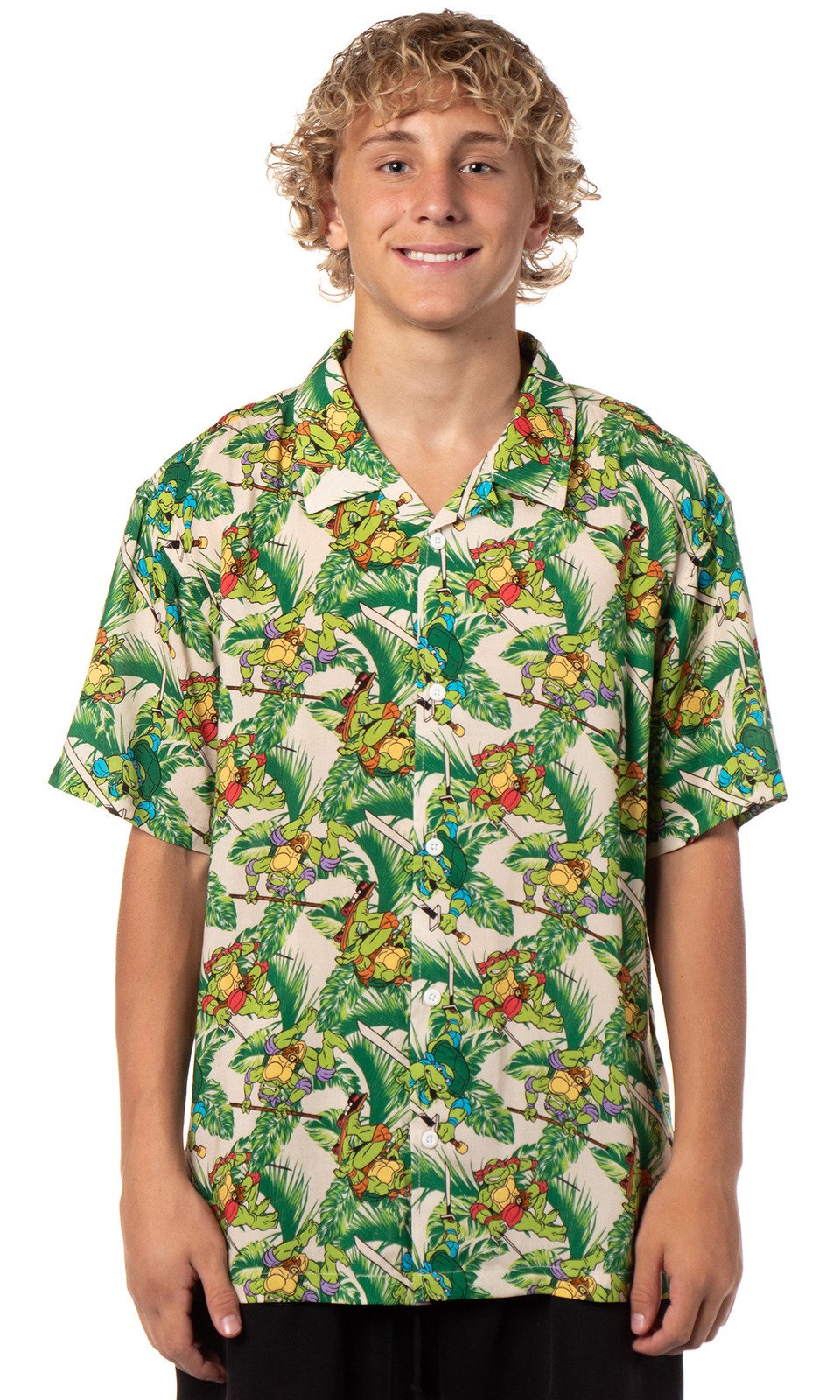 Teenage Mutant Ninja Turtles Men’s Hawaiian Foliage Button-Up Woven Shirt