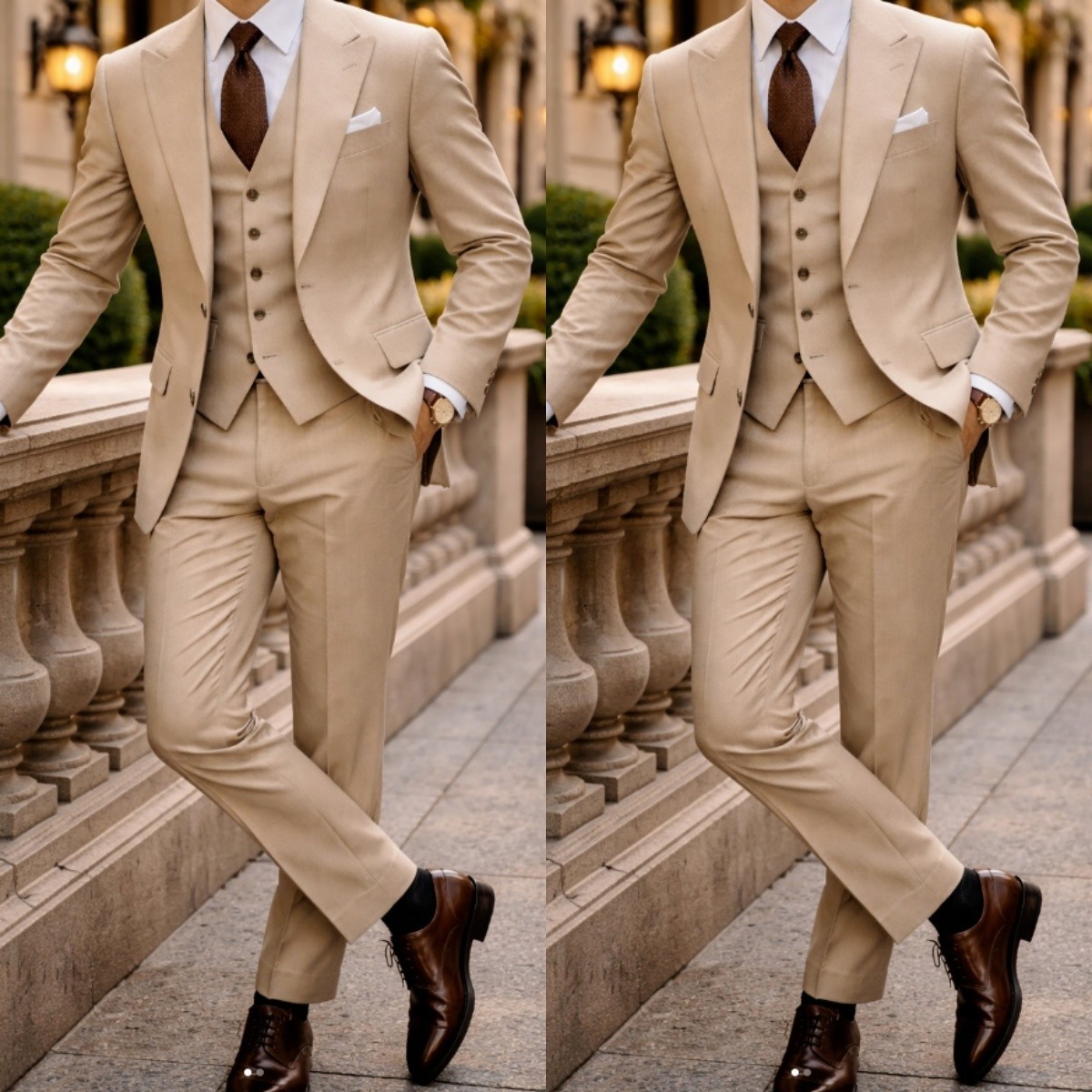 Business Workwear Jacket 3Pcs Formal Beige Peak Lapel Men’s Suits Casual Coat