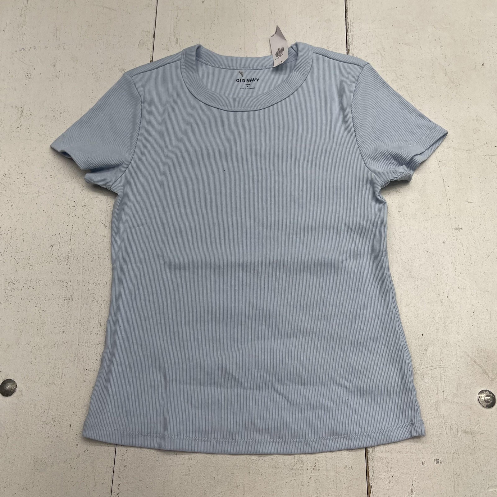 Old Navy Shirt Womens Medium Blue Crew Neck Short Sleeve Ribbed Snug Fit Top