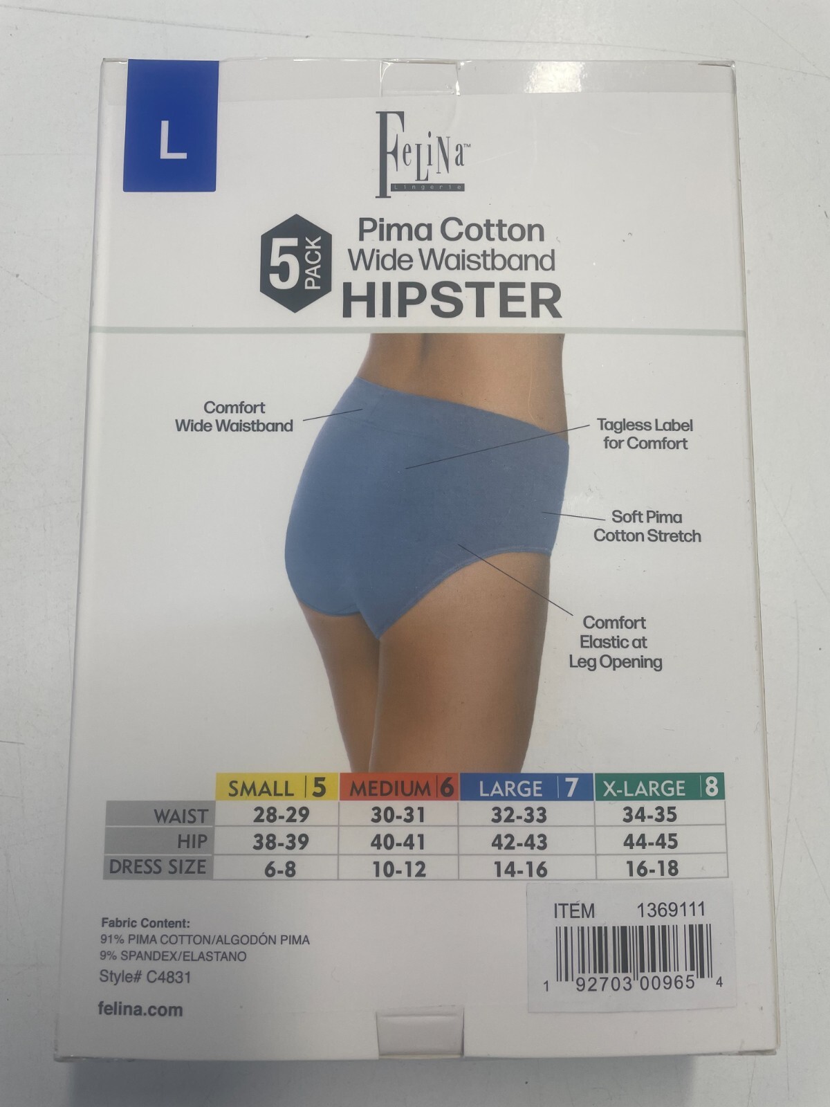 Felina, 5-Pack Pima Cotton Stretch Wide Waistband Hipster Panties (Size Large)