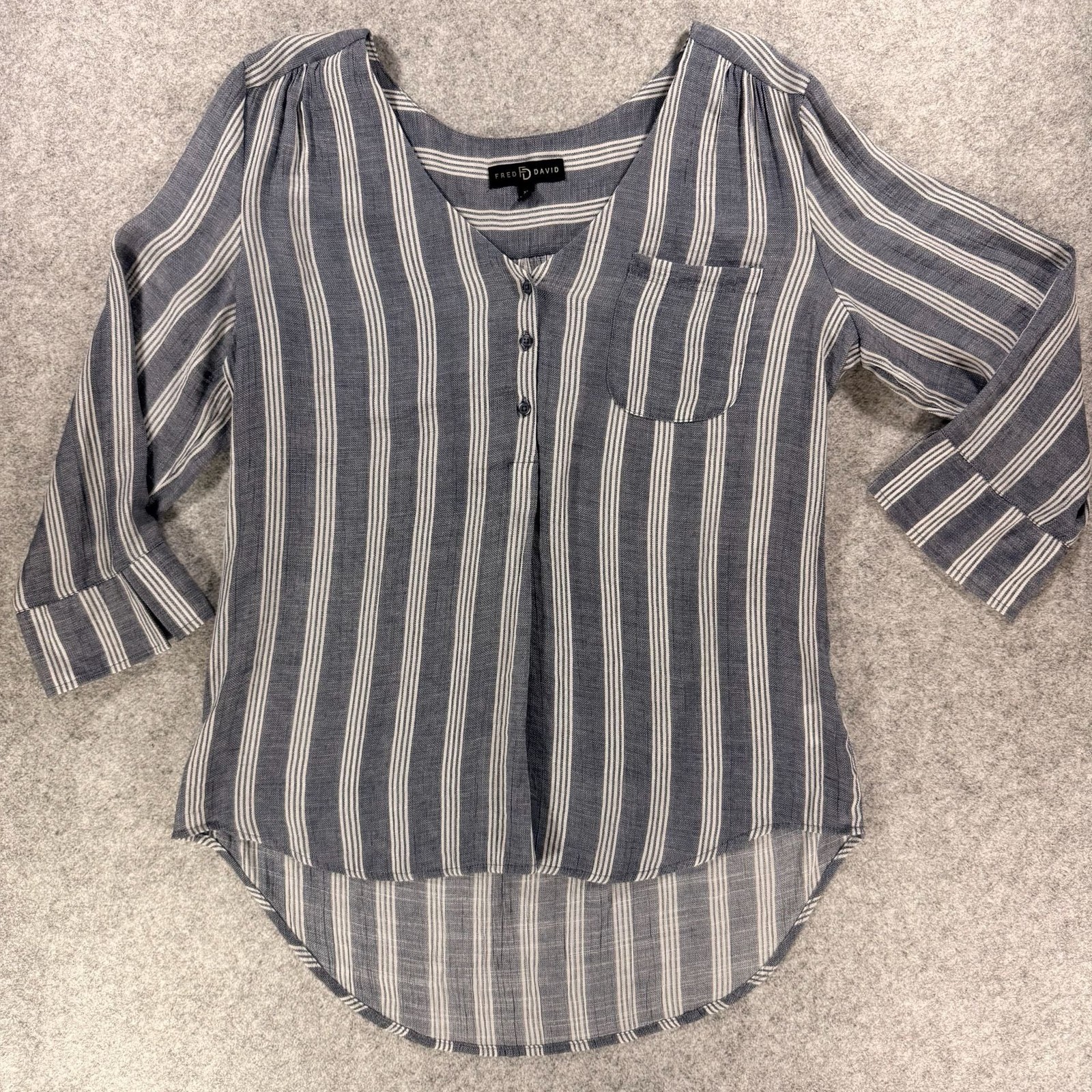 Fred David Women’s Gray and White Striped V-Neck 3/4 Sleeve High-Low Blouse